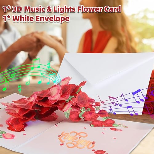 Miniatura 7 de MZD8391 Light Music & Pop Up - Tarjeta de felicitación 3D, ramo de rosas, regalo romántico para el día de San Valentín, tarjetas de feliz