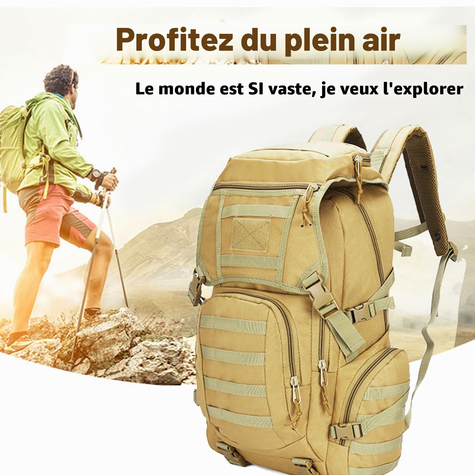 RAPIDSKY Sac à Dos Tactique Randonnée Durable à Grande Capacité (35L/50L) - Sac à Dos Étanche pour Extérieures 1-3 Jours avec MOLLE, Idéal Randonnée Camping