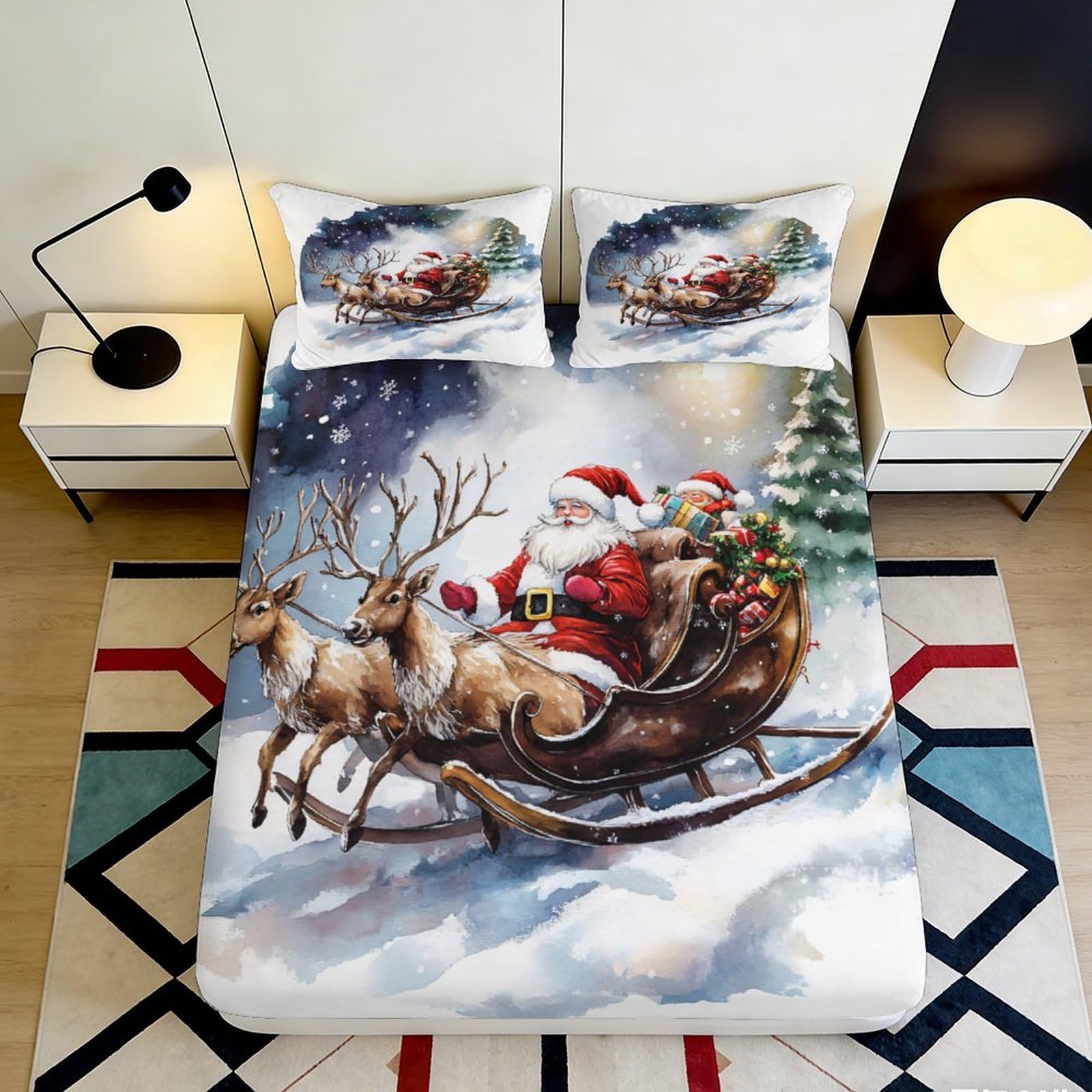3D Printed Santa Claus Reindeer Fitted Sheet Microfiber Soft Breathable Christmas Sleigh Bed Cover for Bedroom Dormitory Guest Room Mattress Protection Decor 200x200x25cm