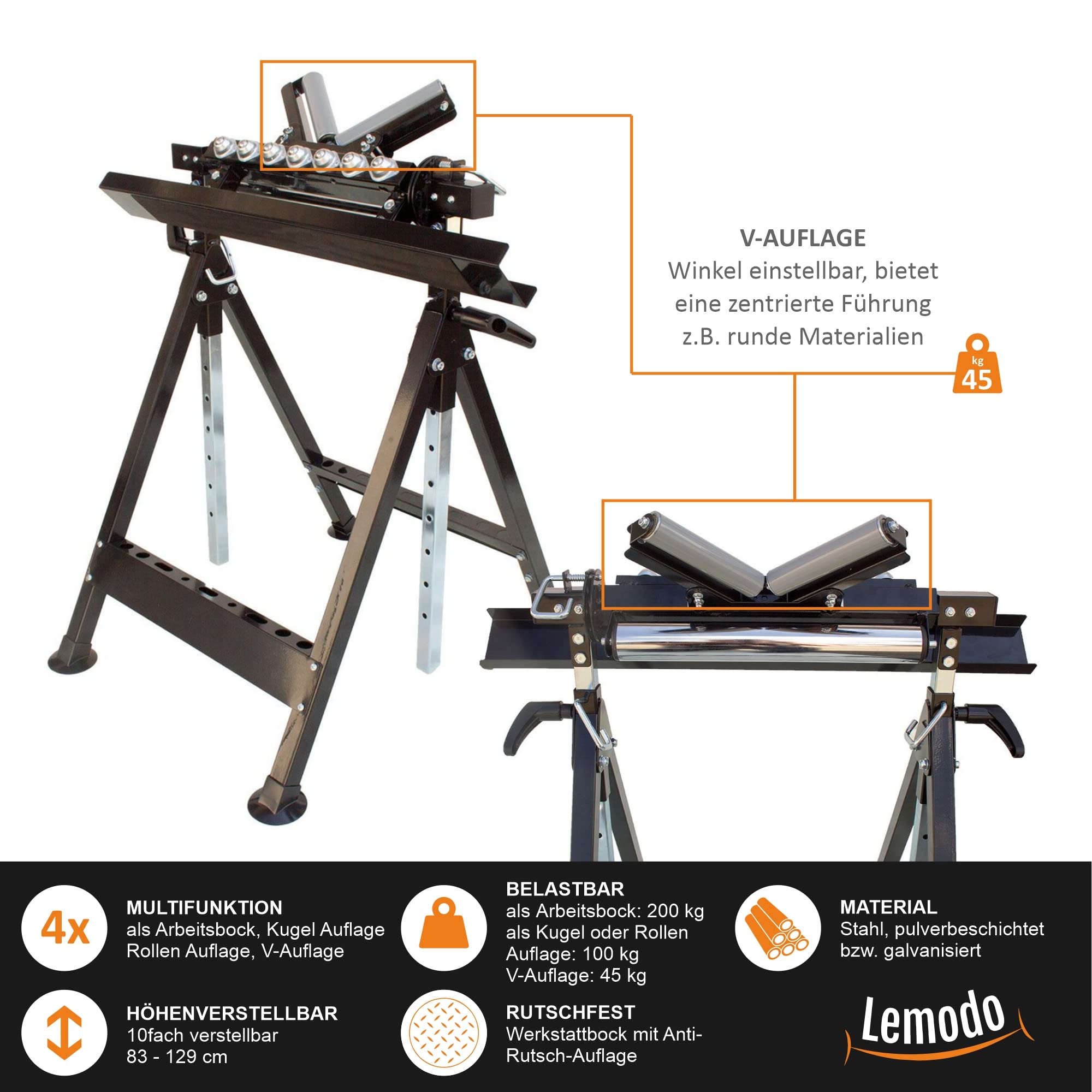 Lemodo Multifunktions-Arbeitsbock 4 in 1 höhenverstellbar 83–129 cm klappbarer Montagebock aus Stahl bis 200 kg Tragkraft