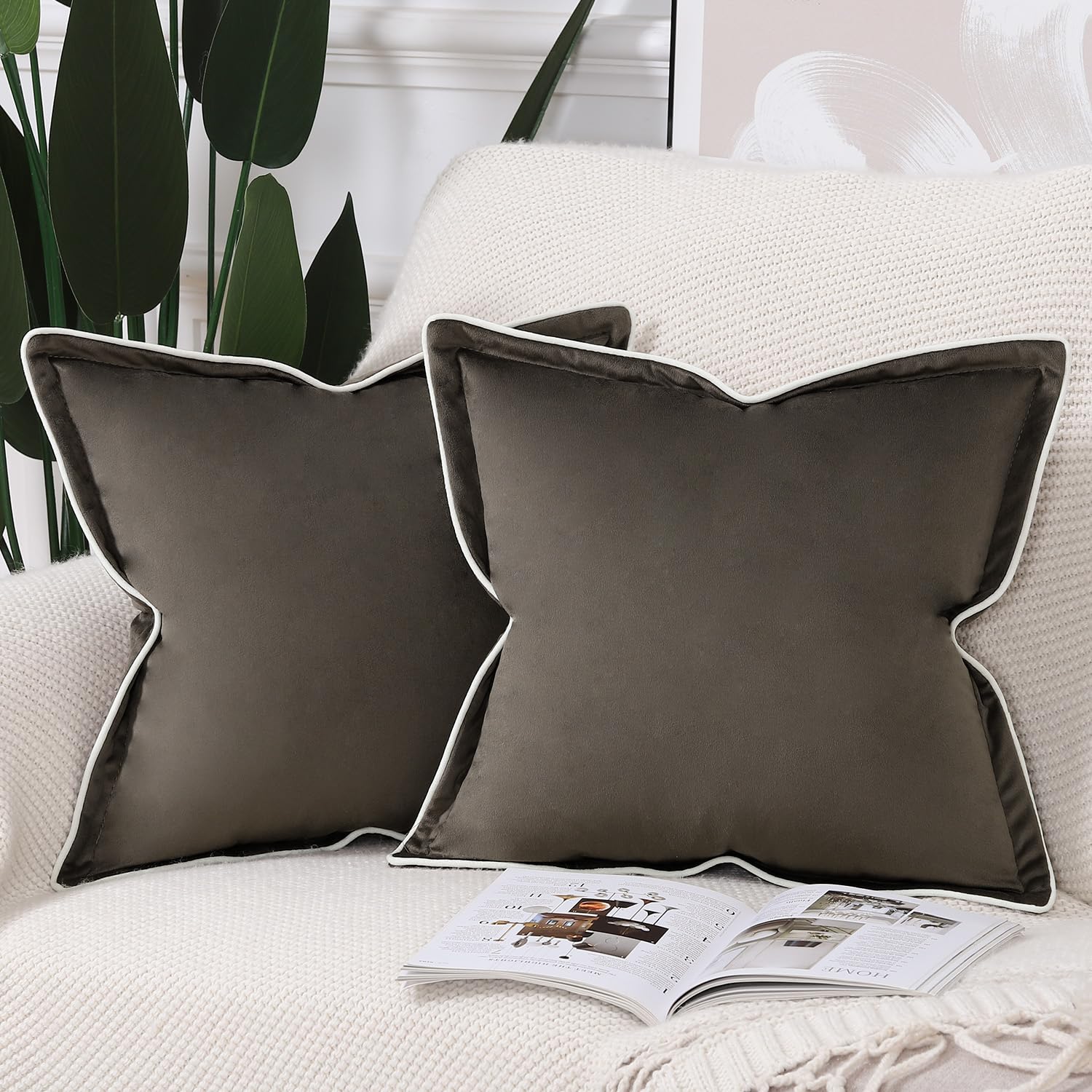 Madizz Set of 2 Velvet Fringed Throw Pillow Covers 24x24 inch, 60x60 cm