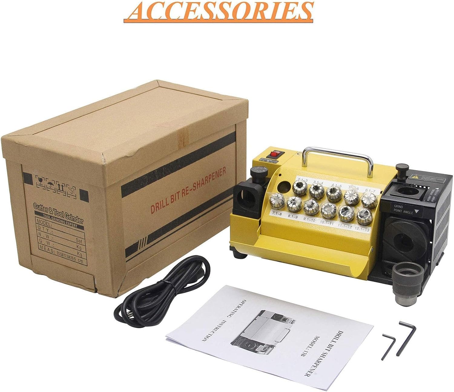 Contents of the MiBoce MR-13B Drill Bit Sharpening Machine package, including the machine, collets, power cord, and manual