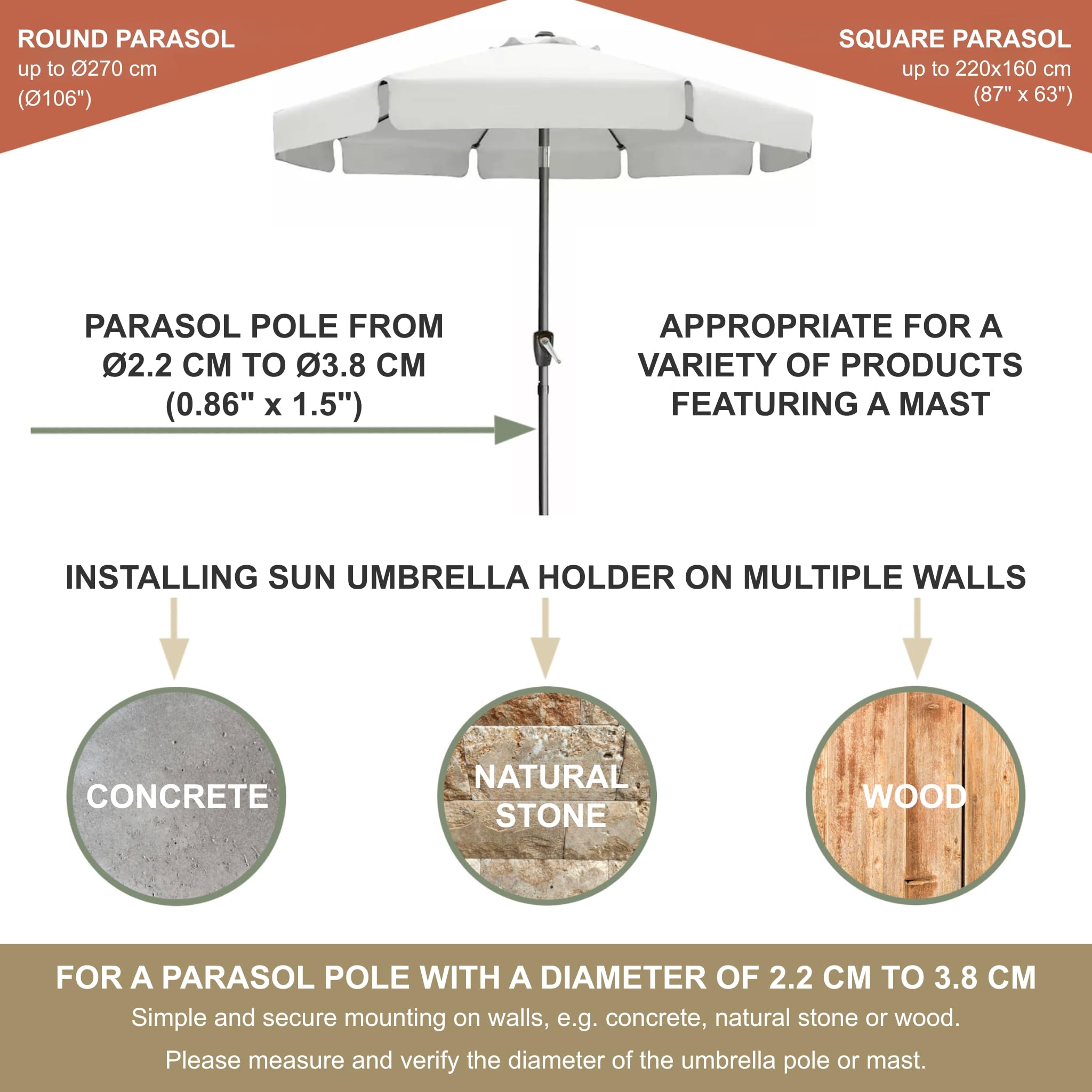 Supporto per ombrellone in acciaio inox per il montaggio a parete sul balcone Supporto per ombrellone da parete a ombrellone 270 cm stabile staffa quadrata da parete fissaggio sicuro alla parete