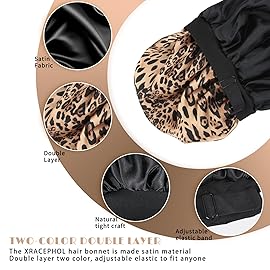 Silk Bonnet for Sleeping Double Layer Satin Bonnet Adjustable Bonnets for Black Women Sleep Cap Reversible Hair Bonnet for Curly Hair (Black and Leopard)