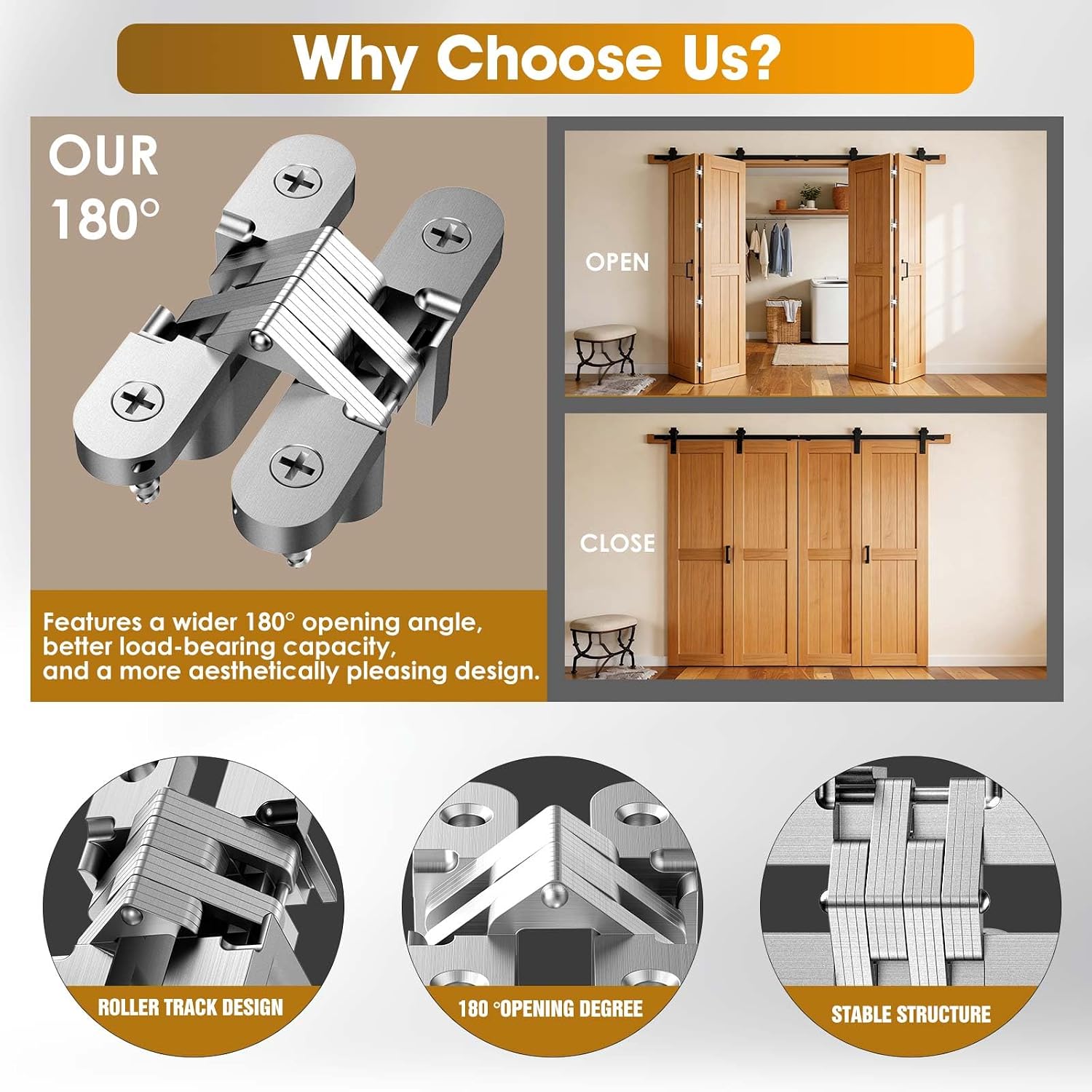 Invisible Hinges for Cabinet Doors - Completely Hidden 180°Hinges,Concealed and Smooth Quiet Close(Silver,0.51"-2.36",4Pack)