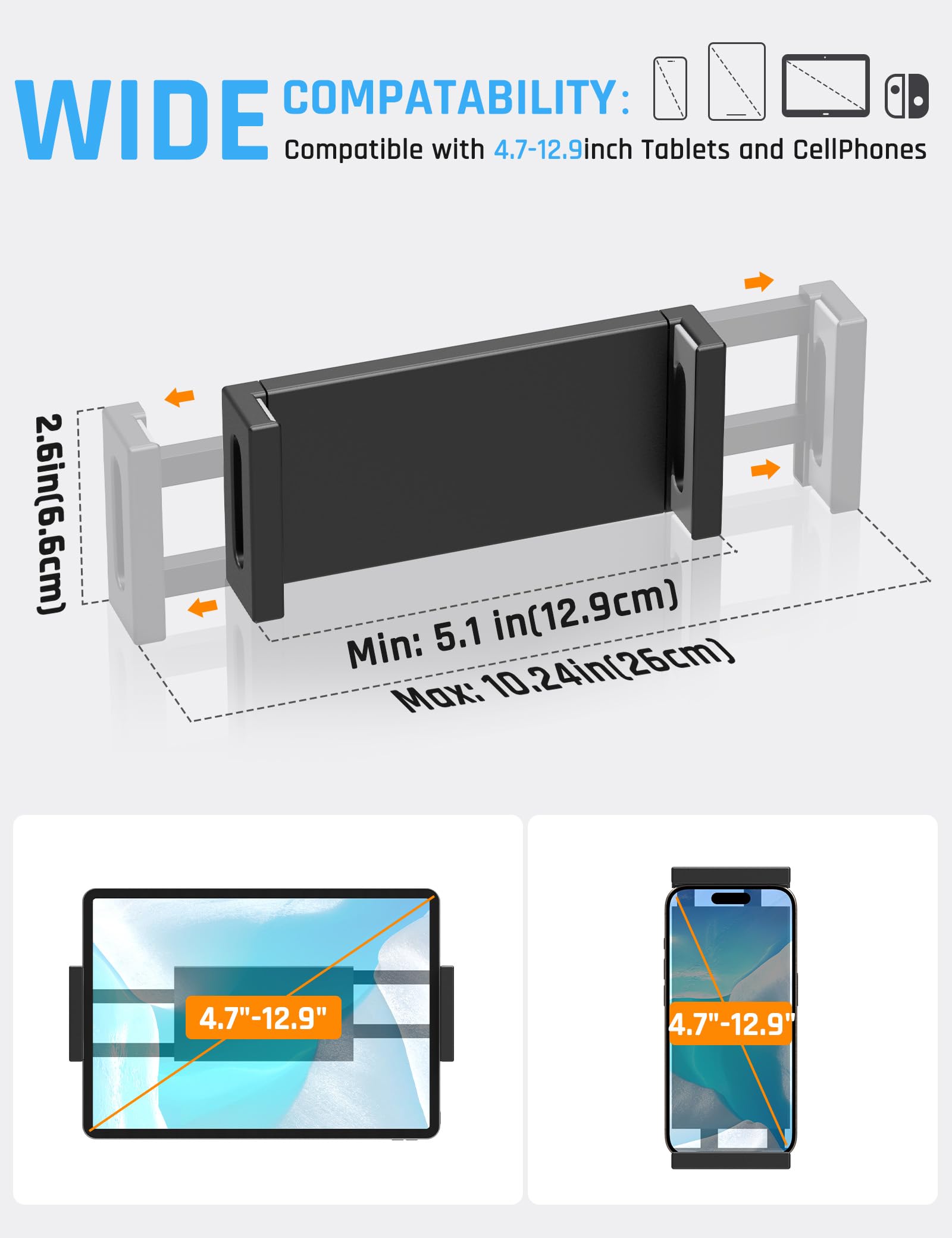 Jumkeet Support Tablette pour Lit, Support Réglable Rotatif à 360° avec Bras Stable, Bras Pliable pour iPhone Samsung Smartphone Series/iPad/Nintendo Switch/Kindle ou Autres appareils 4,7 à 12,9"