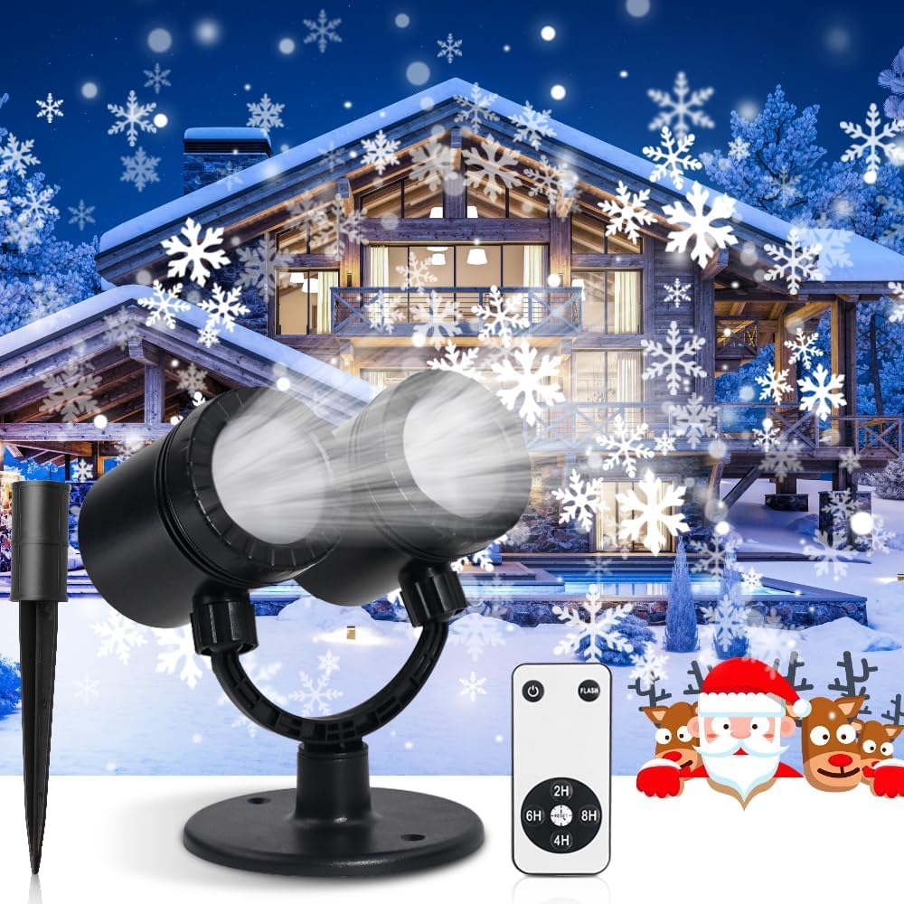 Christmas Projector Lights Outdoor, Double Head Snowflake Projection Lights with Remote Control, IP65 Waterproof Holiday Projector Lights Outdoor for Wedding Garden Decoration Gift