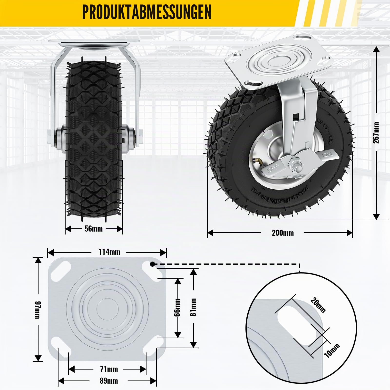 4 Stück 200mm Schwerlastrollen, Gesamt-Tragkraft 400kg, 360° drehbare leise Gummirollen mit Bremse, für Möbel, Transportwagen, Werkbank & Industriegeräte (2 Lenkrollen + 2 Bremsrollen)