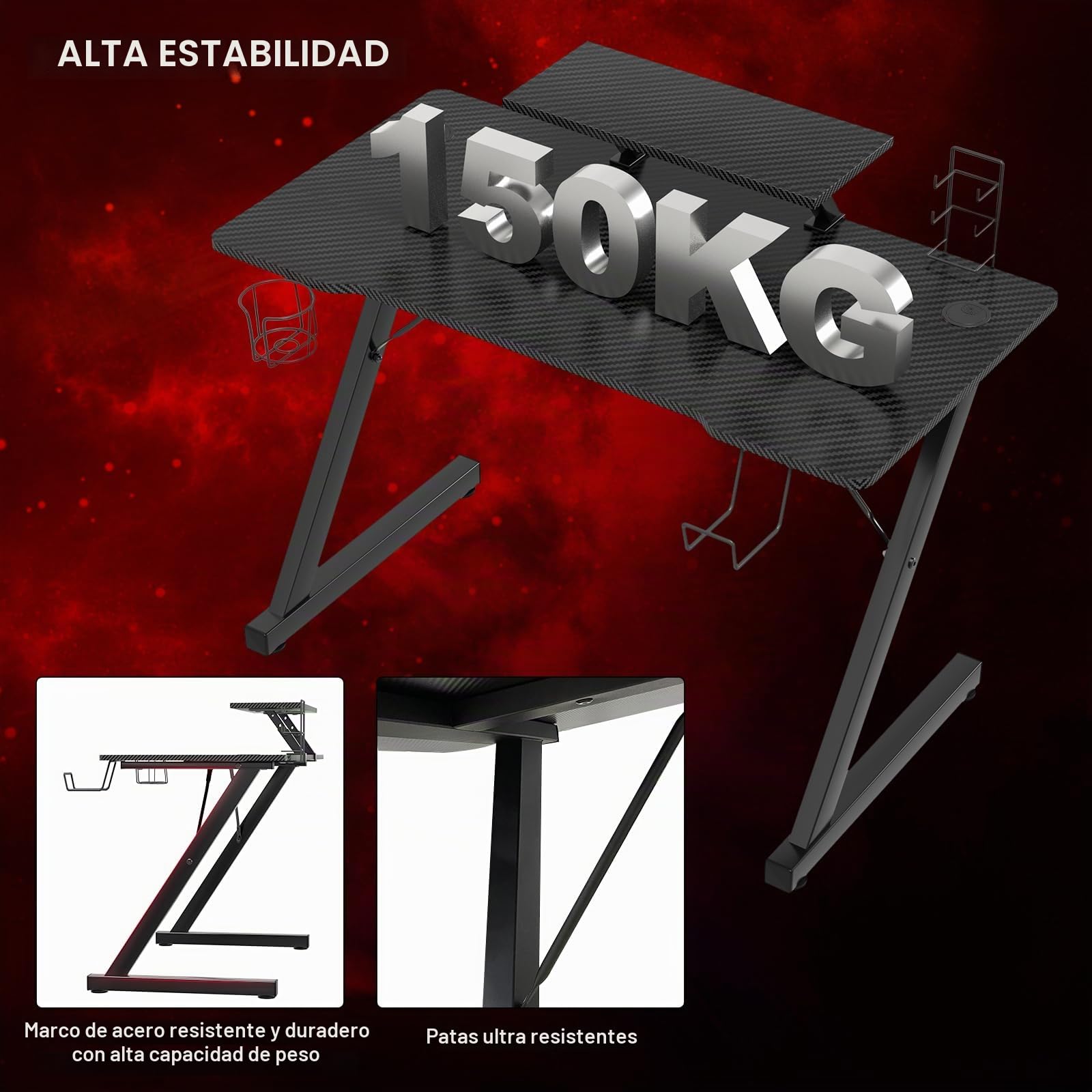PIPIPOXER Mesa Gaming en Forma de Z 100x55x75cm, Escritorio Gaming con Soporte Monitor, Escritorio Gaming con Tablero de Fibra de Carbono, Gaming Desk para con Portavasos y Gancho para Auriculares