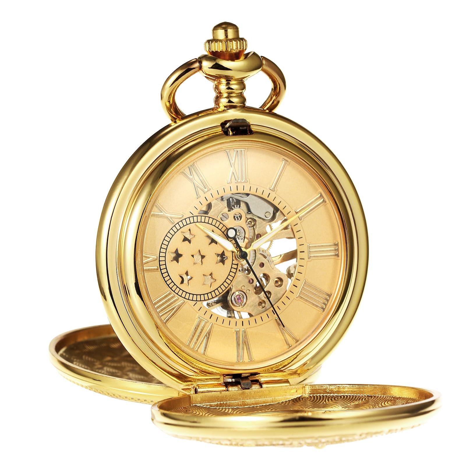TREEWETO Reloj de bolsillo para hombre con cadena, diseño de transmisión retro, doble tapa, reloj de cadena mecánico antiguo, números romanos para padre, abuelo, cumpleaños, aniversario