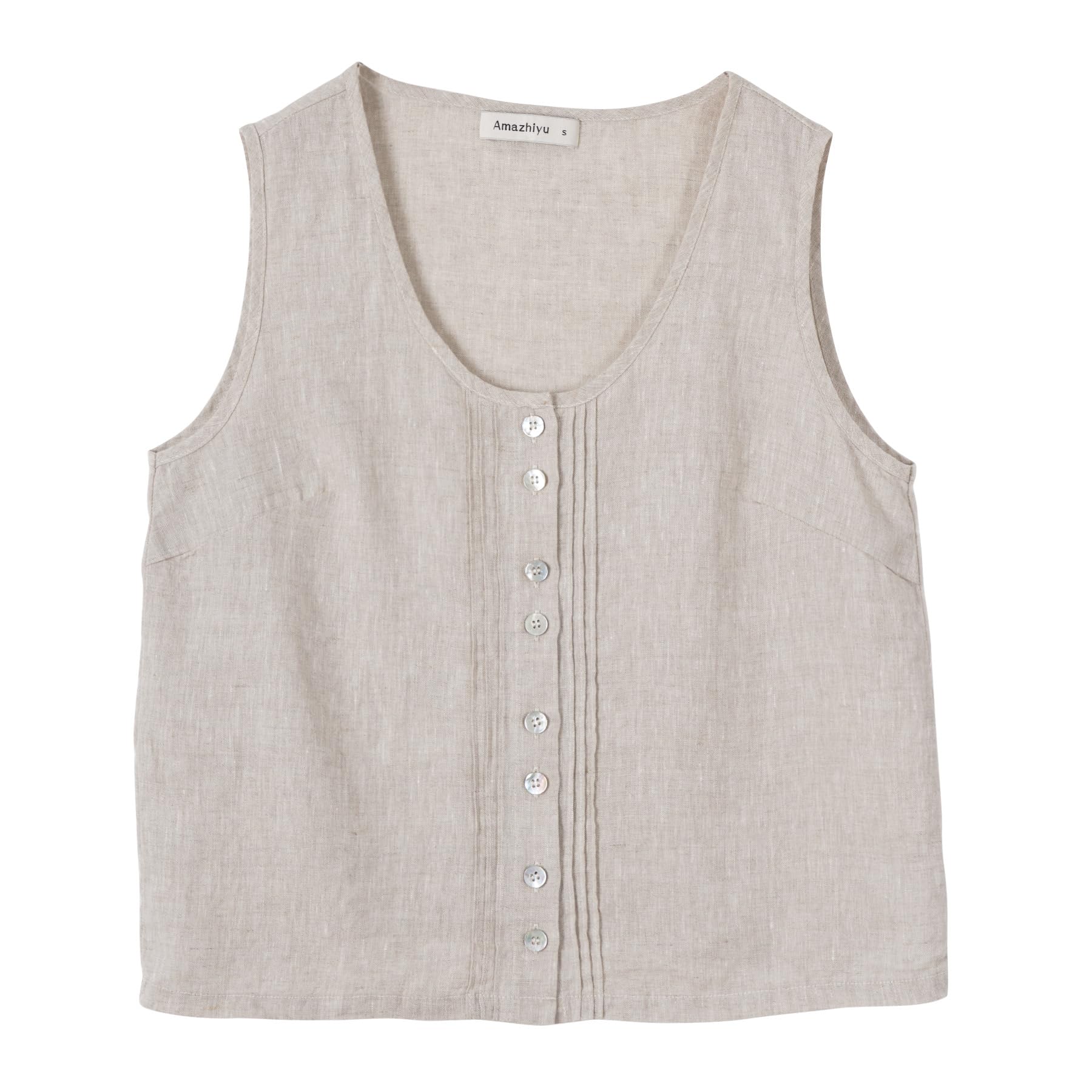 Amazhiyu Camicetta da donna in 100% lino, canotte estive senza maniche in lino con scollo rotondo e bottoni a pieghe