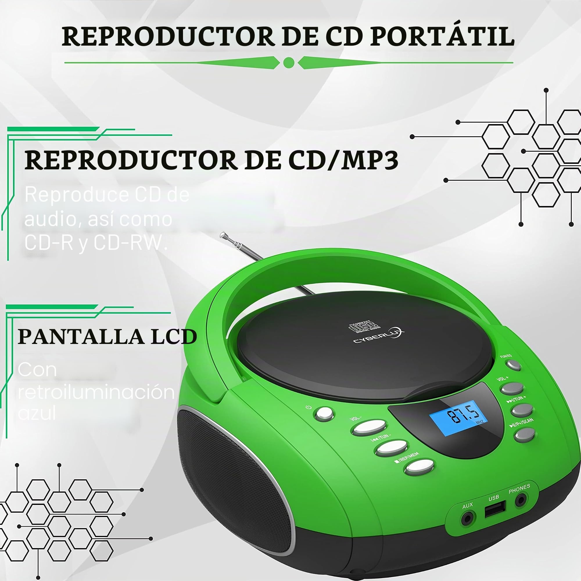 Boombox portátil | CD/CD-R | USB | Reproductor de Radio FM | Entrada AUX | Conector para Auriculares | Radio Infantil | Sistema estéreo | Sistema Compacto (Golo Green)