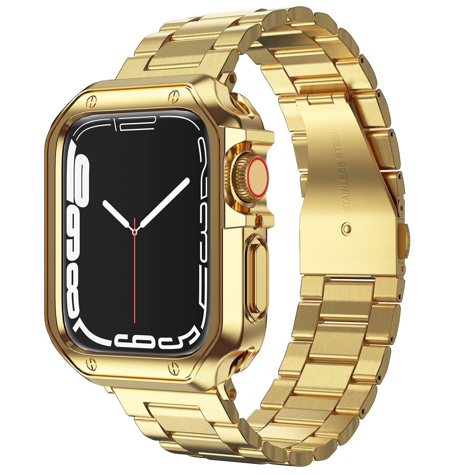 Compatible with Apple Watch Band and Case, Stainless Steel Metal Chain with TPU Cover, Smart-Watch Link Bracelet Strap, Wrist-Band for i-Watch Series 9 8 7 6 5 4 3 2 1 SE, 45mm 44mm 42mm, Gold