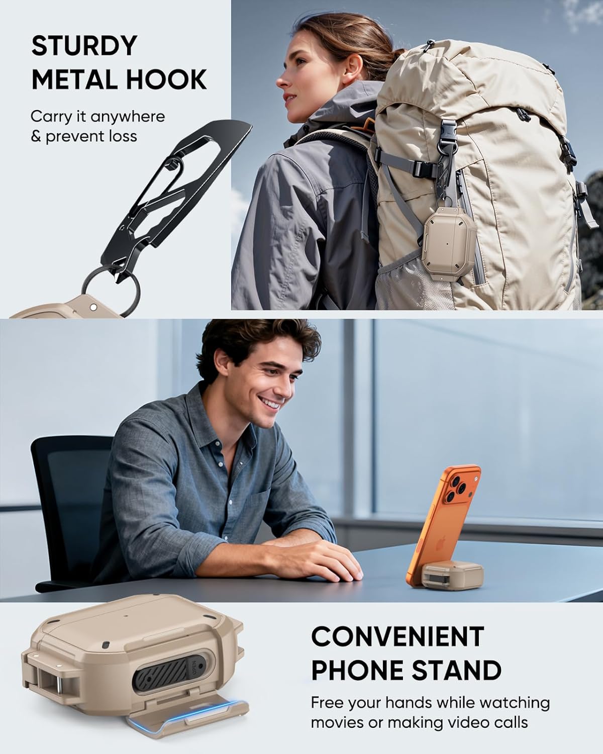 MoKo Case Compatible with AirPods Pro 3 Case with Secure Lock - IP68 Waterproof & Military-Grade Cover for iPods Pro 3, Protective Earpods Pro 3 Cover with Keychain, Phone Stand & Cleaner Kit, Khaki