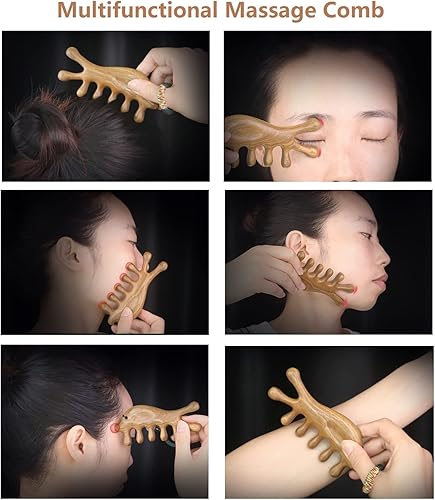 Miniatura 3 de SAEEYCUE Auténtico peine de sándalo verde Gua Sha, peine de masaje de cuero cabelludo, peine de masaje de cabeza, cuello, manos y piernas (a)