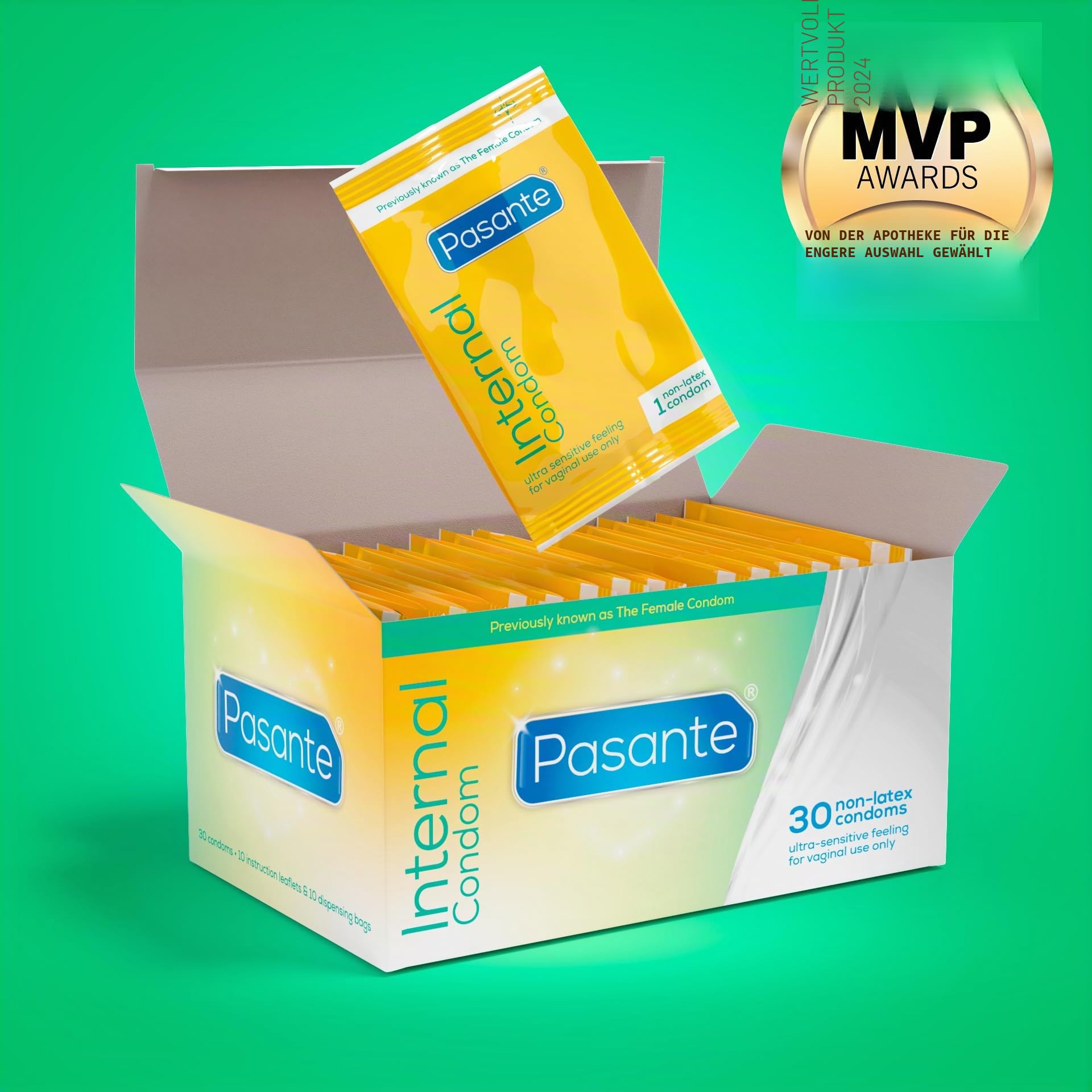 Pasante Internal Condom, latexfreie Frauen-Kondome (Femidom) - hypoallergen, hormonfrei & hautfreundlich, 30 Stück