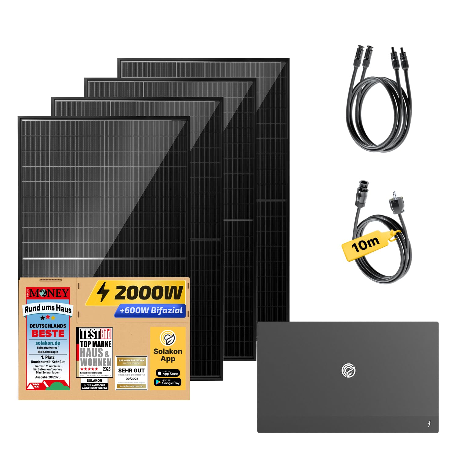 Solakon® 2000W Balkonkraftwerk mit Speicher - 2000 Watt komplett Steckdose & 800W Hybrid-Wechselrichter - Solaranlage Komplettset - 4x 500W PV-Module & 2,11 kWh ONE Speicher für Balkonkraftwerk