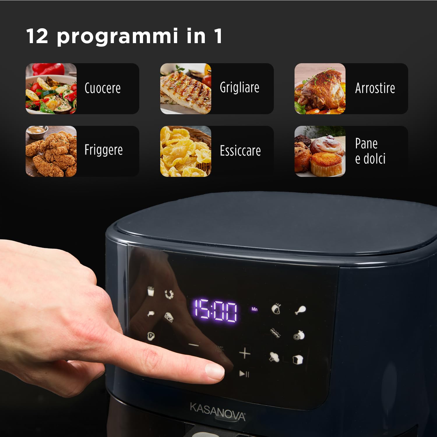 KASANOVA Friggitrice ad aria display digitale 12 programmi, capacità 5 L con finestra trasparente, cottura leggera senza olio e fumo, 1500 W (Blu)