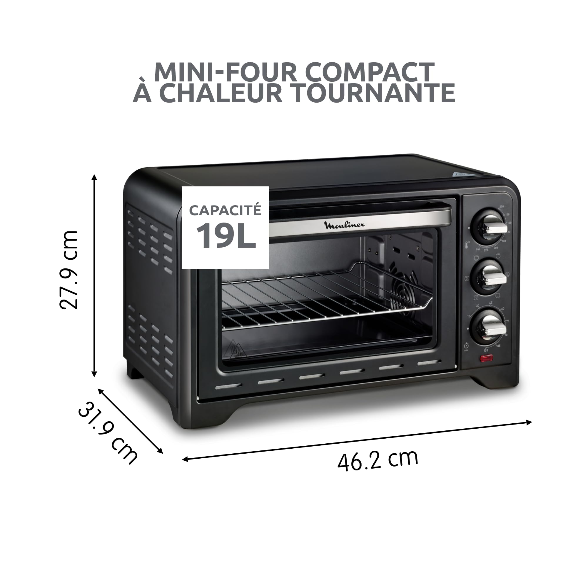 Moulinex Four électrique posable 19 L, Compact, chaleur tournante, 6 modes de cuisson, Thermostat réglable jusqu’à 240°C, Minuteur 120 min, Grille réversible, Lèche frites, Optimo noir OX444810