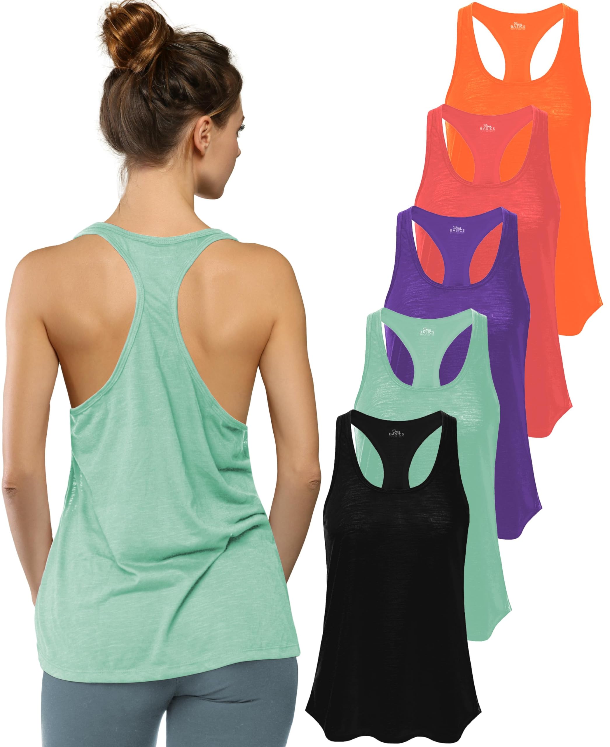 Women's 5 Pack Everyday Flowy Burnout Racer Back Active Workout Tank Tops