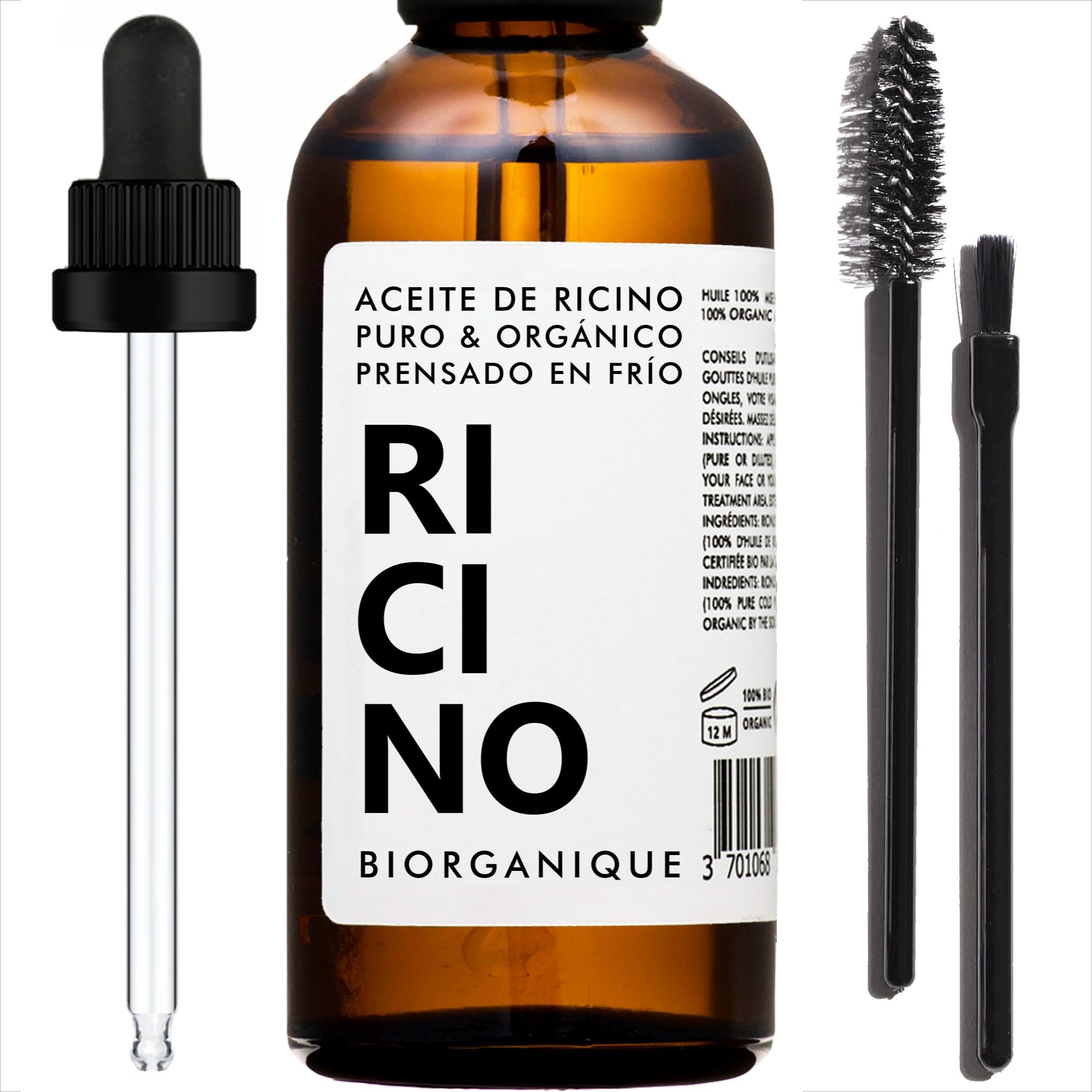 Aceite de Ricino BIO 100% Puro Prensado en Frío 100 ml Vegano Botella de Vidrio