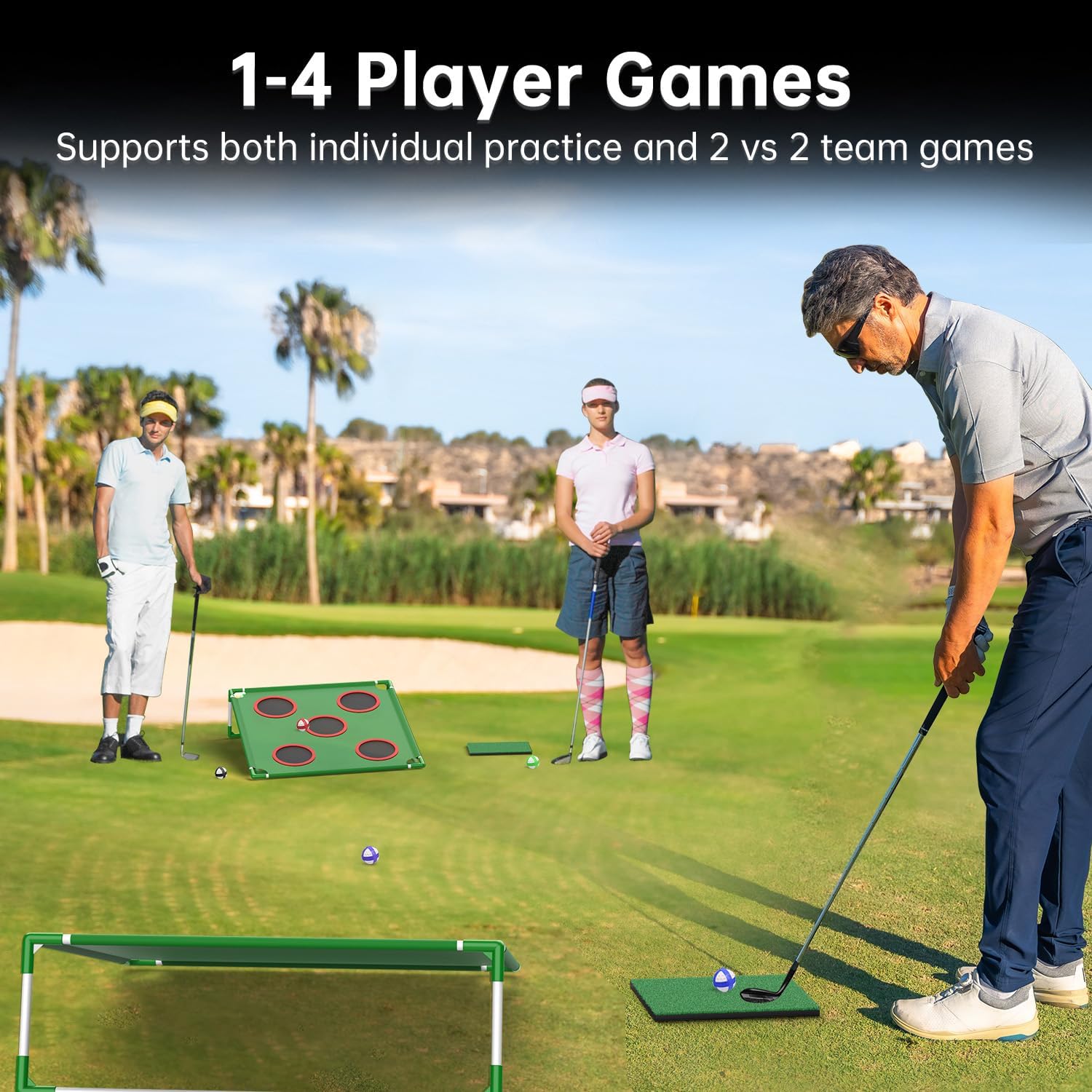 Golf Game Play Set, Golf Chipping Cornhole Game for Adults with 1 Club, 5 Hole Covers, 20 Balls, Putting Mat & Carry Bag, Indoor Outdoor Lawn Backyard Gifts for Men