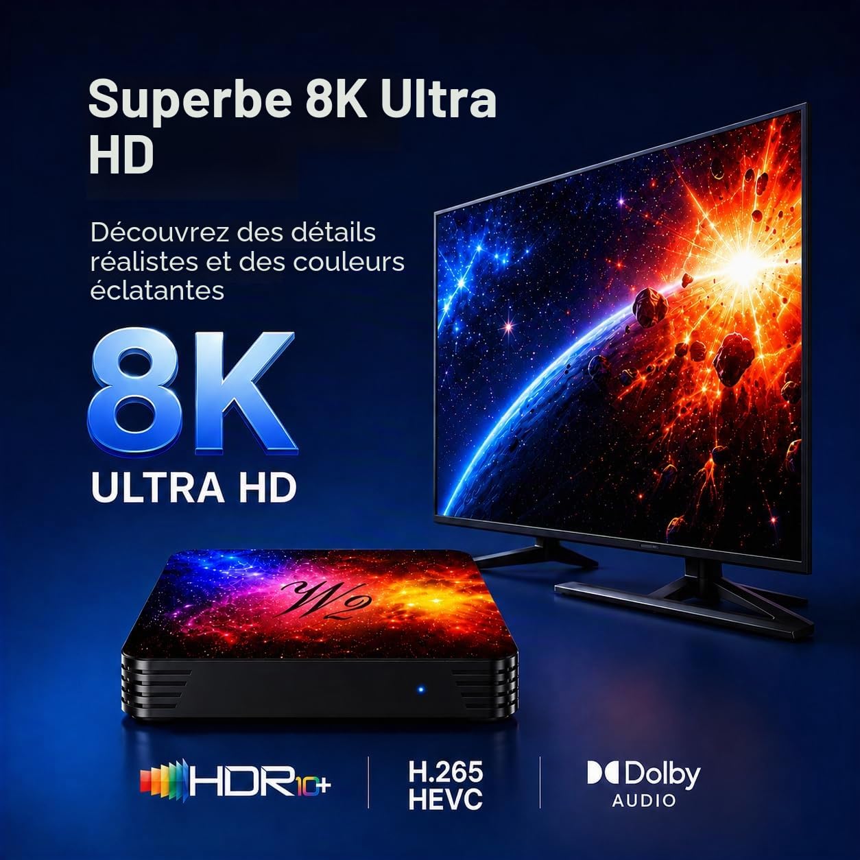 Boîtier TV Android 14 TV Box, 4 Go RAM 64 Go ROM, Décodage 8K H.265, | Quad-Core, HDMI 4K@60Hz,WiFi 6 Double Bande, Bluetooth 5.0, USB 2.0, Mise en Miroir sans Fil