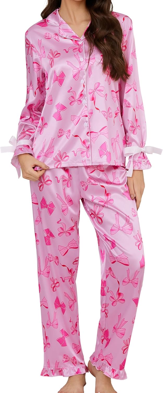 SWOMOG Womens Silk Satin Pajamas Set Long Sleeve Button Down Sleepwear 2 Piece Lounge Set Pj Set XS-3XL