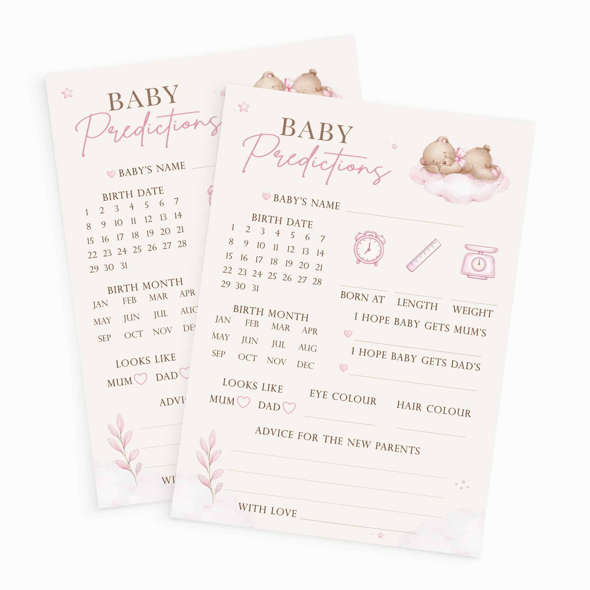 Mayfaire Lane Baby Shower Prediction Cards Pink Teddy Bear Keepsake Girl,30