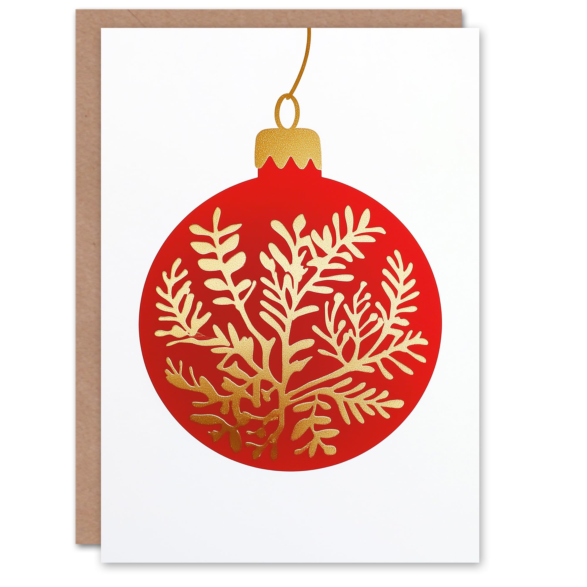 Artery8 Red Bauble Gold Botanical Decoration Ornament Blank For Him Or Her Art Christmas Card