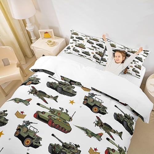 Miniatura 3 de Manfei Juego de funda de edredón con temática de guerra, tamaño individual, juego de ropa de cama de tanques de aviones de 2 piezas para decoración
