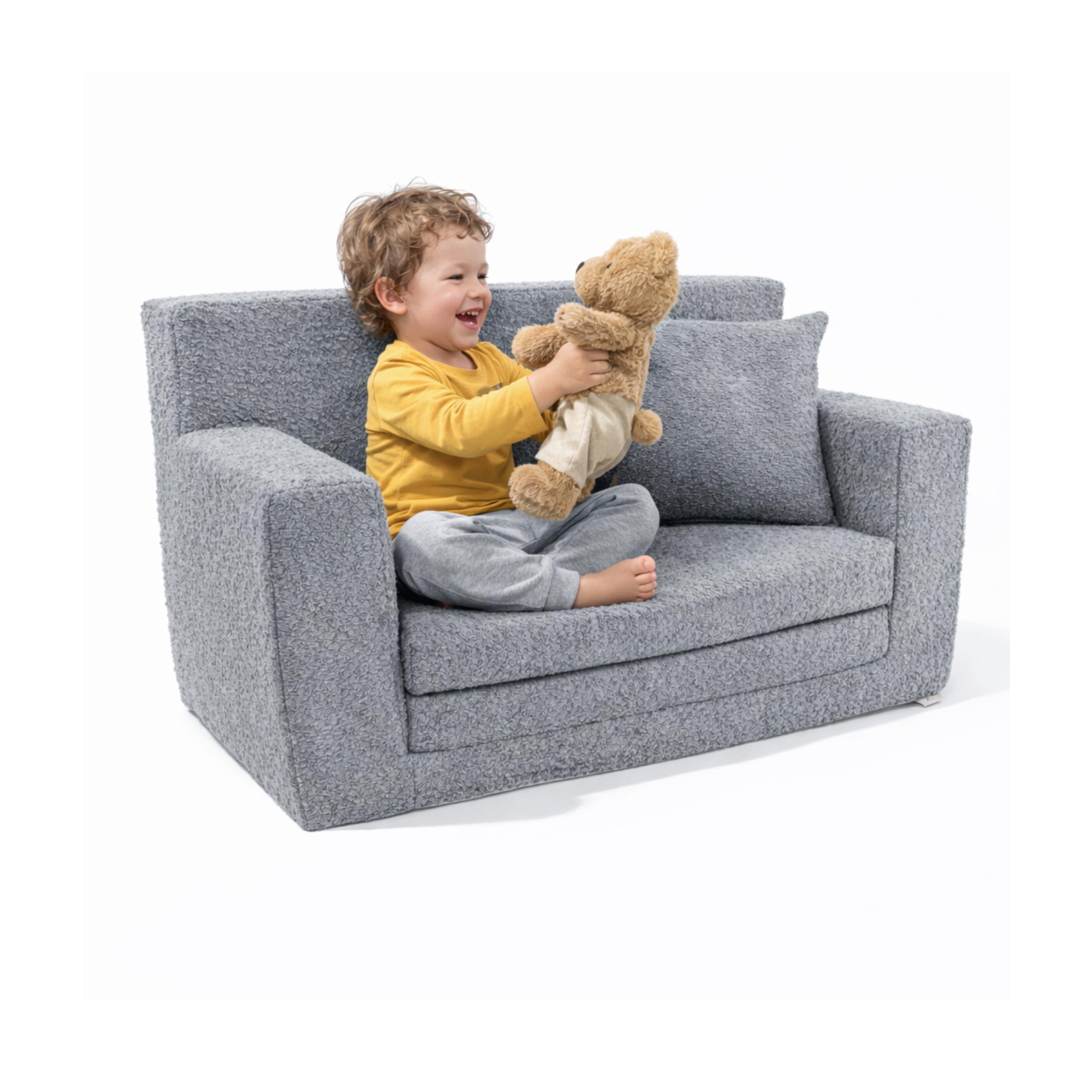 FORTISLINE Kindersofa aus Teddy-Stoff, ausklappbar, 83x43x47 cm, Kindercouch aus Schaumstoff mit abnehmbarem Bezug, Oeko-TEX, hergestellt in der EU, Grau