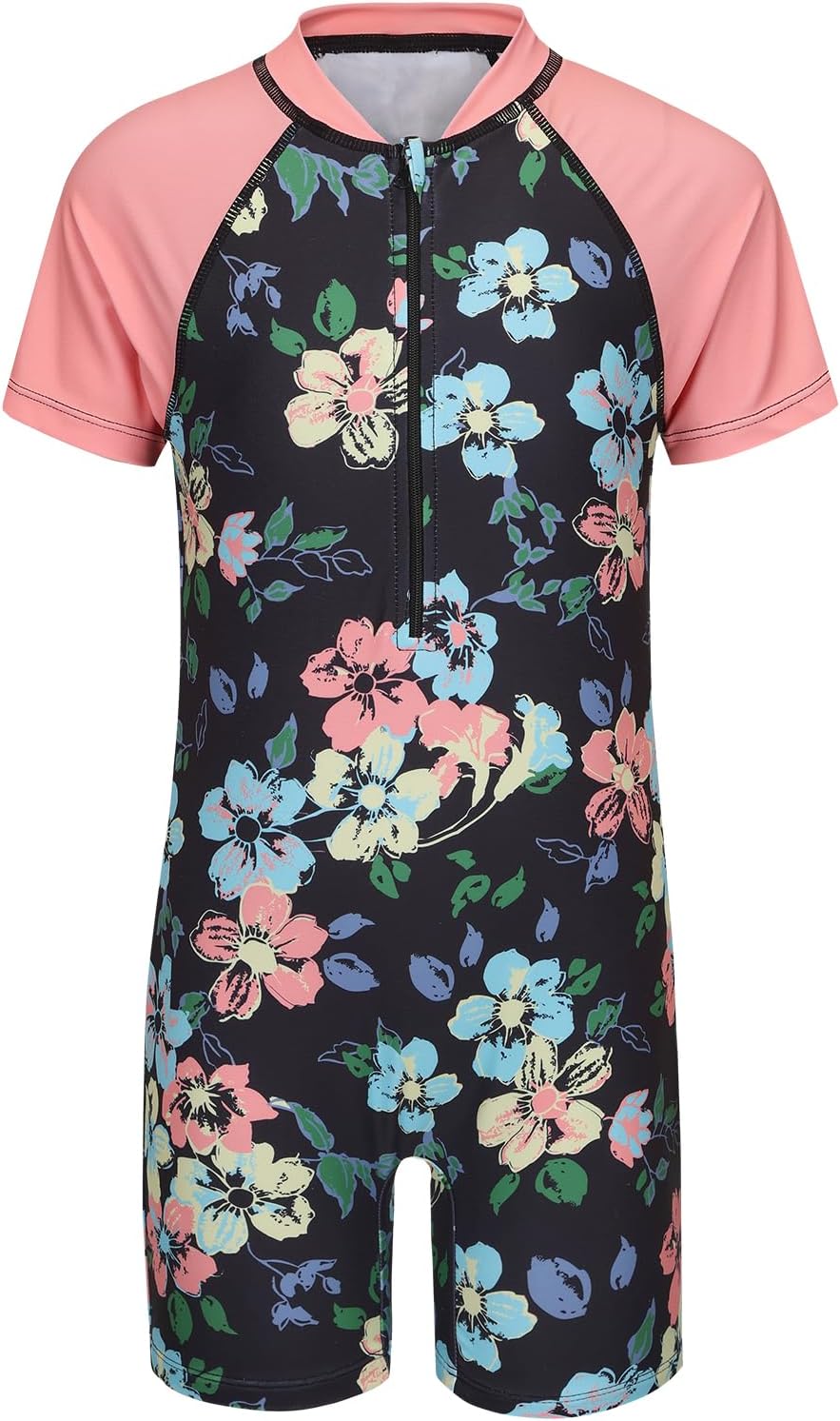 Girls Short Sleeve Rash Guard One Piece Swimsuits Zipper Front Bathing Suit Sun Protection 3-16 Years