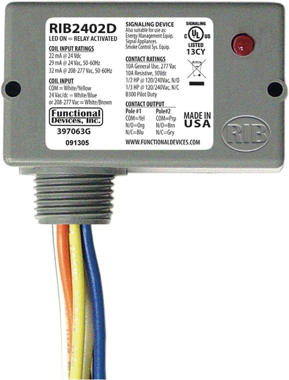 Functional Devices RIB2402D Pilot Relay, 10 Amp DPDT, 24 Vac/dc/208-277 Vac Coil, NEMA 1 Housing