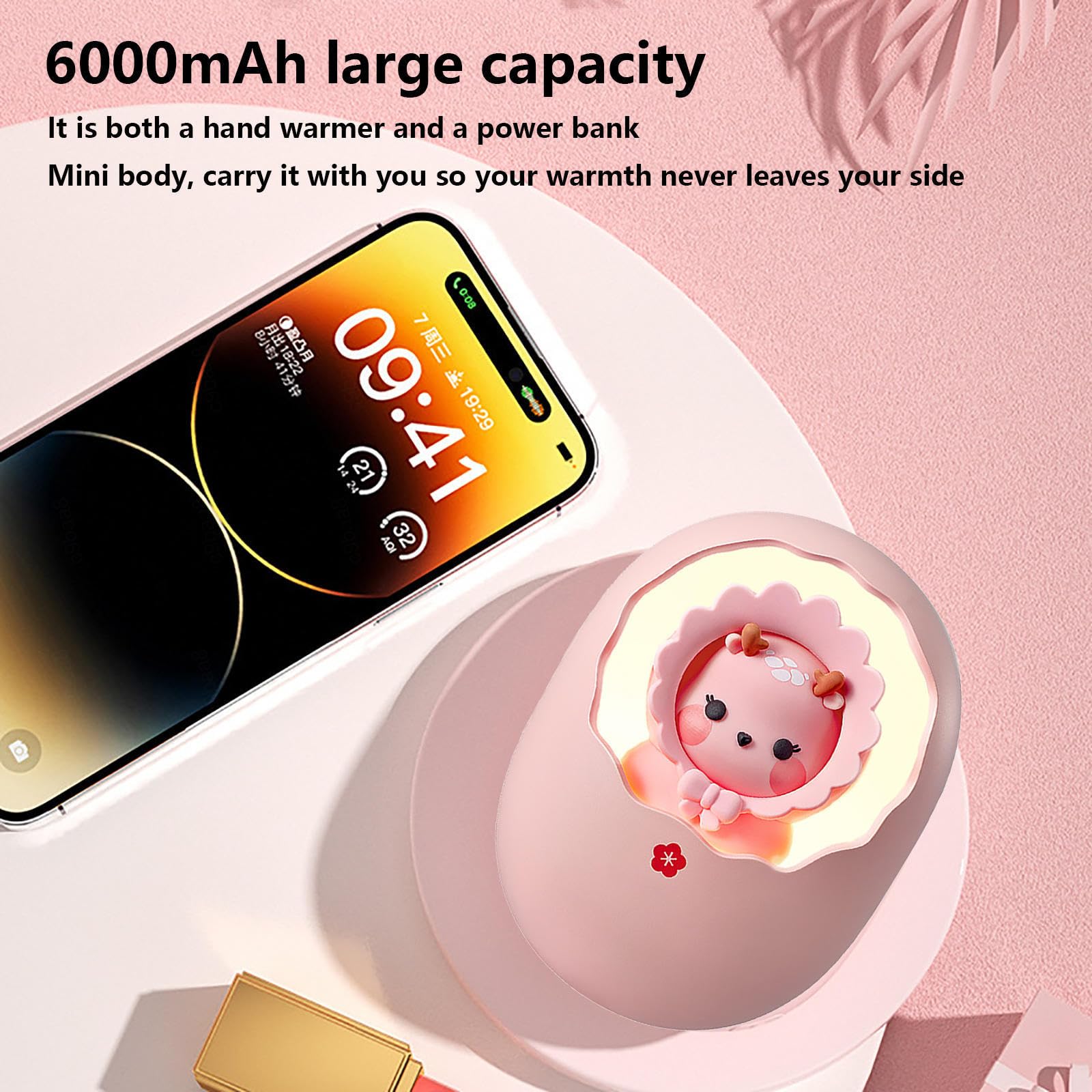 ARTSIM Chaufferette Main Forme Mignonne avec Banque D'énergie,Veilleuse 3 en 1, Chauffe Main Rechargeable 6000mah/47-60℃ Réglable/8h De Chaleur pour Reno,Outdoor,Camping,Yellow