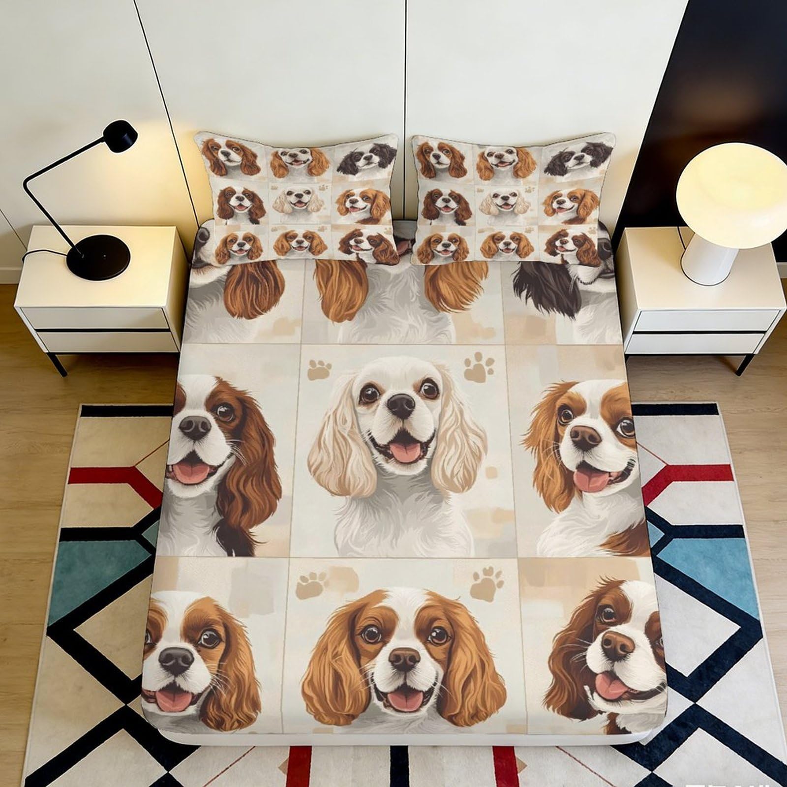 3D Printed Cavalier Spaniel Dog Fitted Sheet Microfiber Soft Durable 3D Printed Puppy Mattress Cover for Bedroom Dormitory Guest Room Protection 120x200x25cm