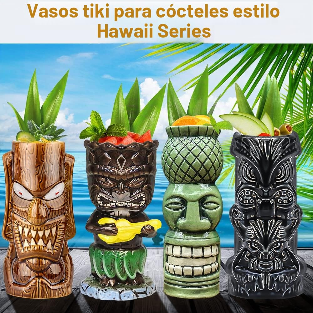 Tiki MugsJuego de 4 tazas tiki para cócteles tazas tropicales de cerámica grandes fiesta hawaiana tiki cóctel copas bebidas bar vasos tropicales