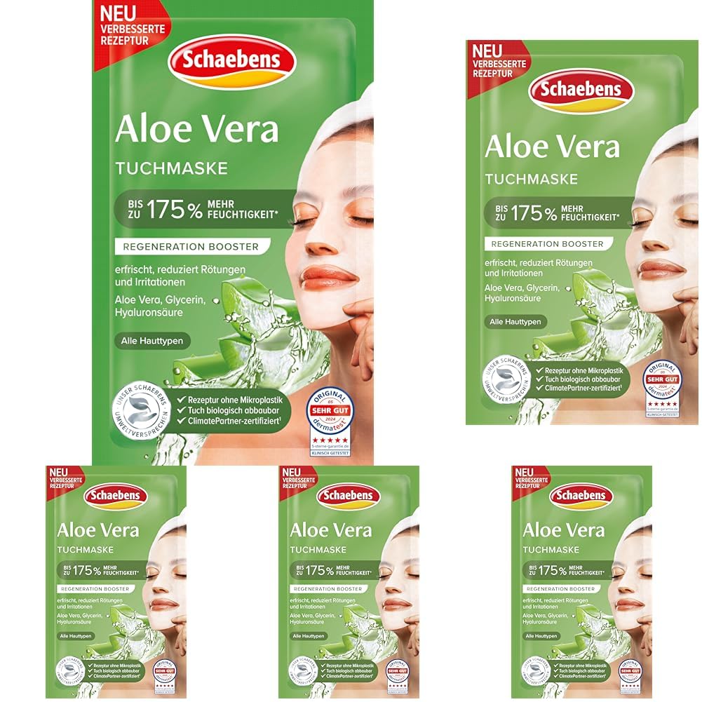 Schaebens Aloe Vera Tuchmaske - erfrischt, reduziert Rötungen und Irritationen mit Aloe Vera, Glycerin und Hyaluronsäure für alle Hauttypen. (Packung mit 5)