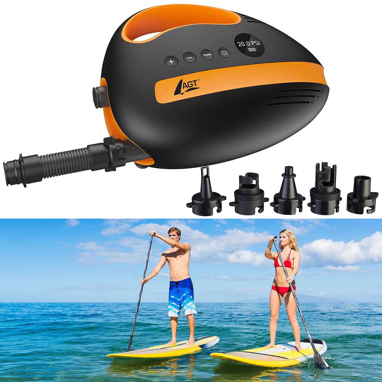 AGT Akkupumpe SUP: Akku-Luftpumpe für SUP-Boards, 350 l/Min., 3X 4.000 mAh, USB, 12 V (Elektrische Pumpe, Accu Pumpe für, Board)