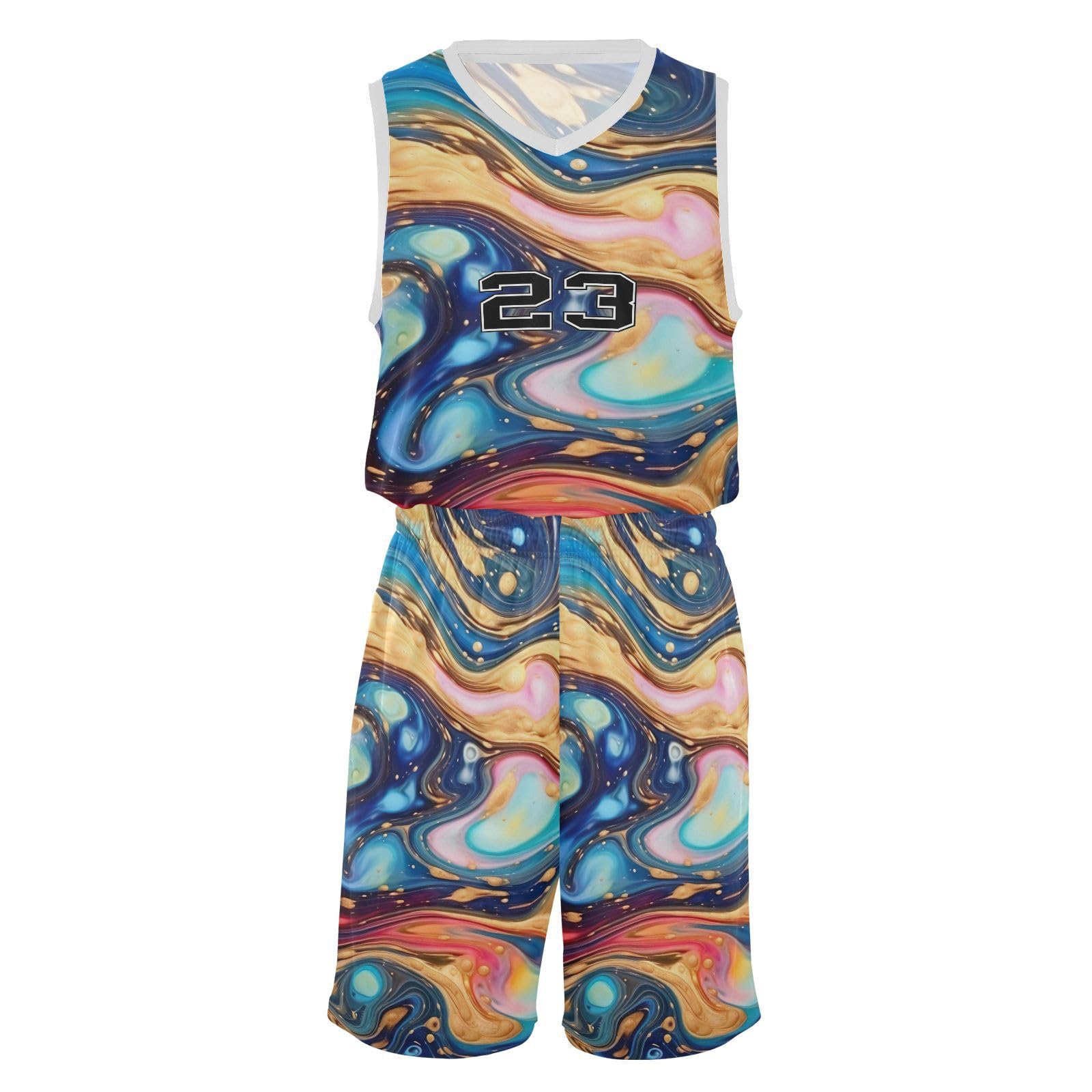 FLildon Marble Colorful Rainbow Boys Basketball Jersey Set Tank Top Shorts Tracksuit Sport Training Suit for Kids, S