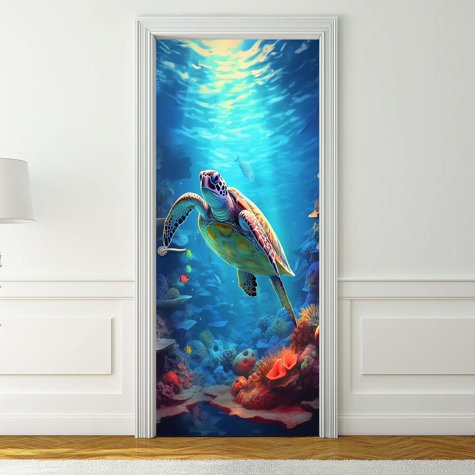 Naklejka na drzwi zwierzę żółw morski 95x215 cm plakat na drzwi naklejki ścienne, samoprzylepna naklejka ścienna koralowy podwodny świat, do sypialni salonu kuchni łazienki, niebieska