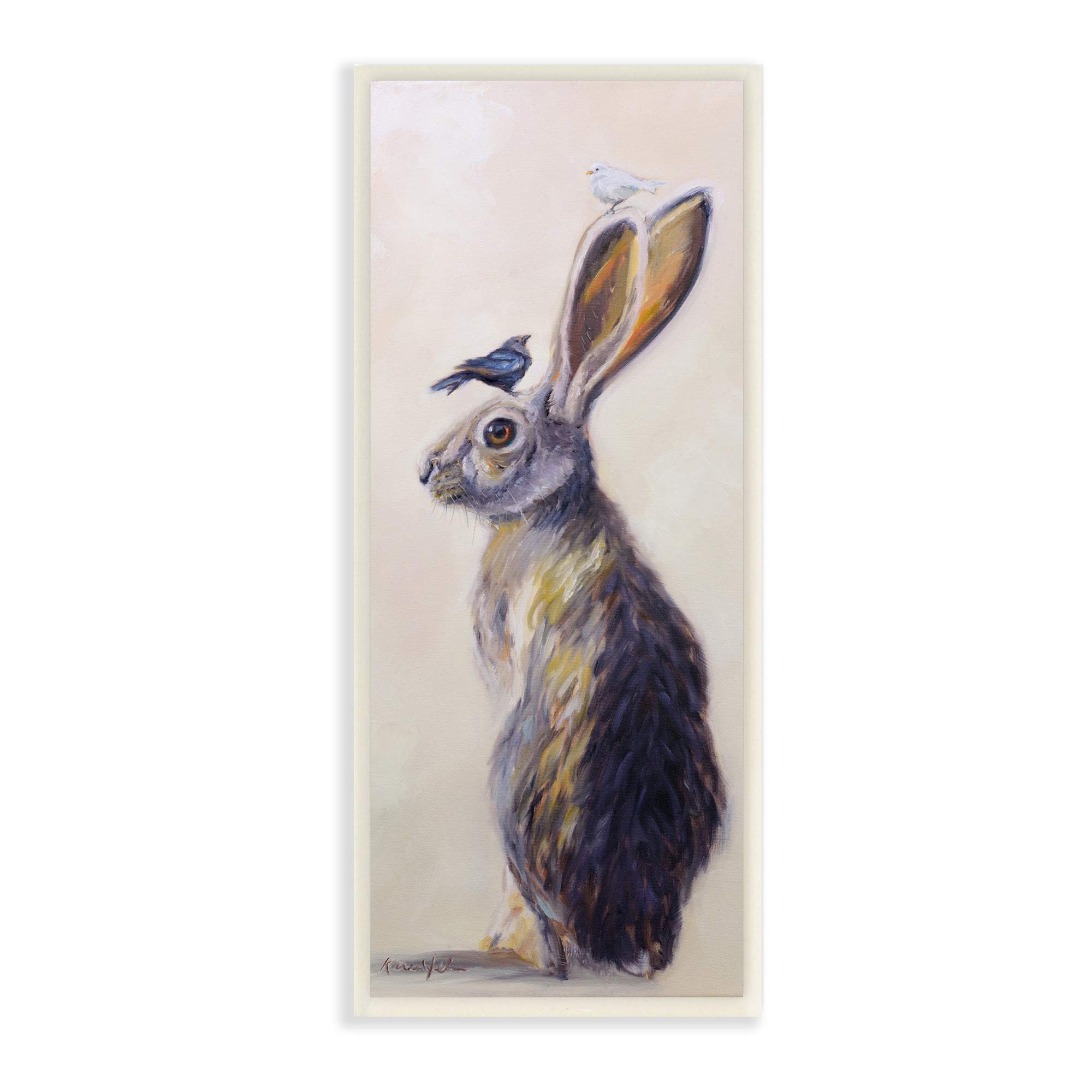 Stupell Industries Minimal Woodland Rabbit with Perched Birds Painting, Design by Karen Weber Fine Art Wall Plaque, 7 x 17, Off-White