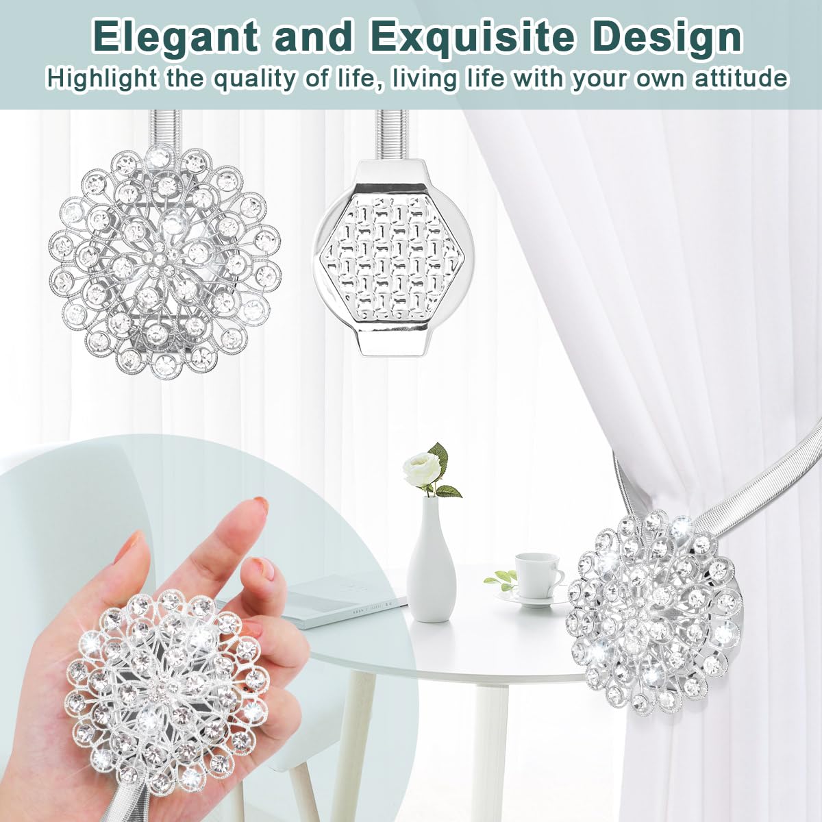 Fermatenda Magnetico 4 Pezzi - Per Tende Di Qualsiasi Materiale - Stile Europeo E Americano - Argento - Nessuna Installazione