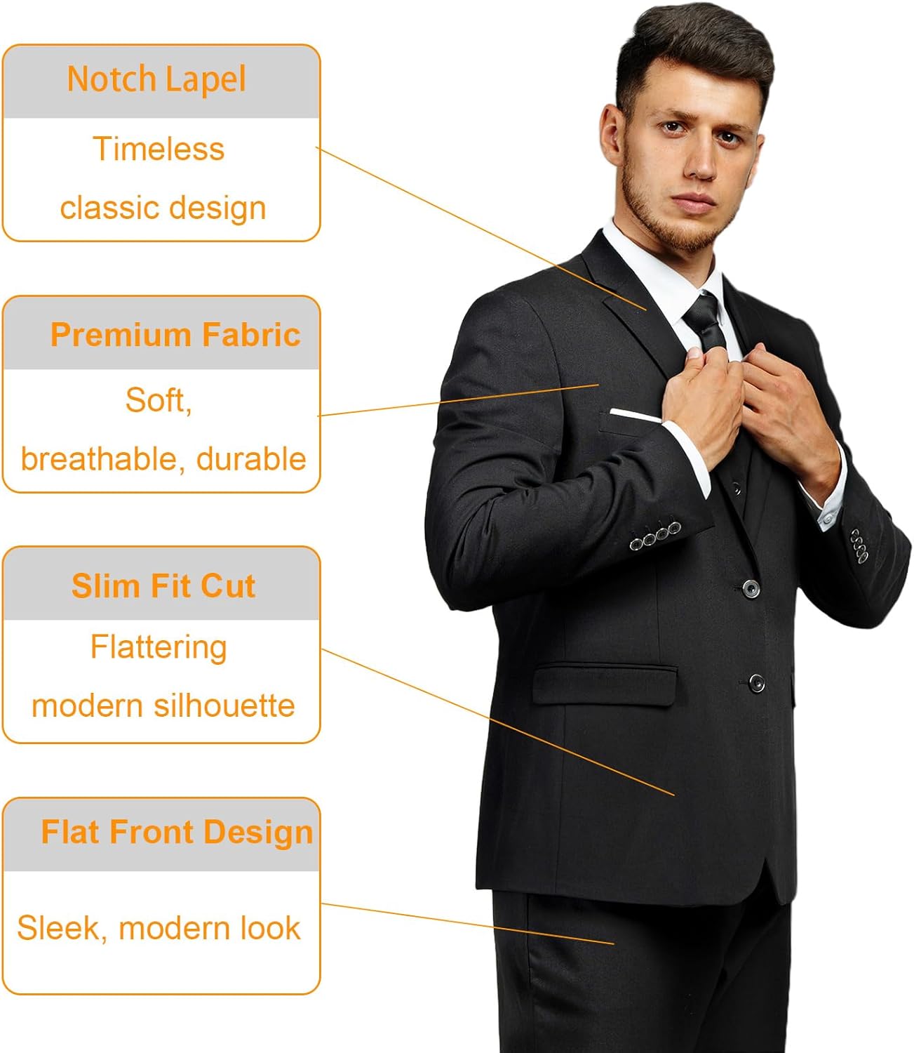Men's Suit 3 Piece Slim Fit Suit Set, Two Button Solid Jacket Vest Pants with Tie, Men Tuxedo Suit Set - Image 3