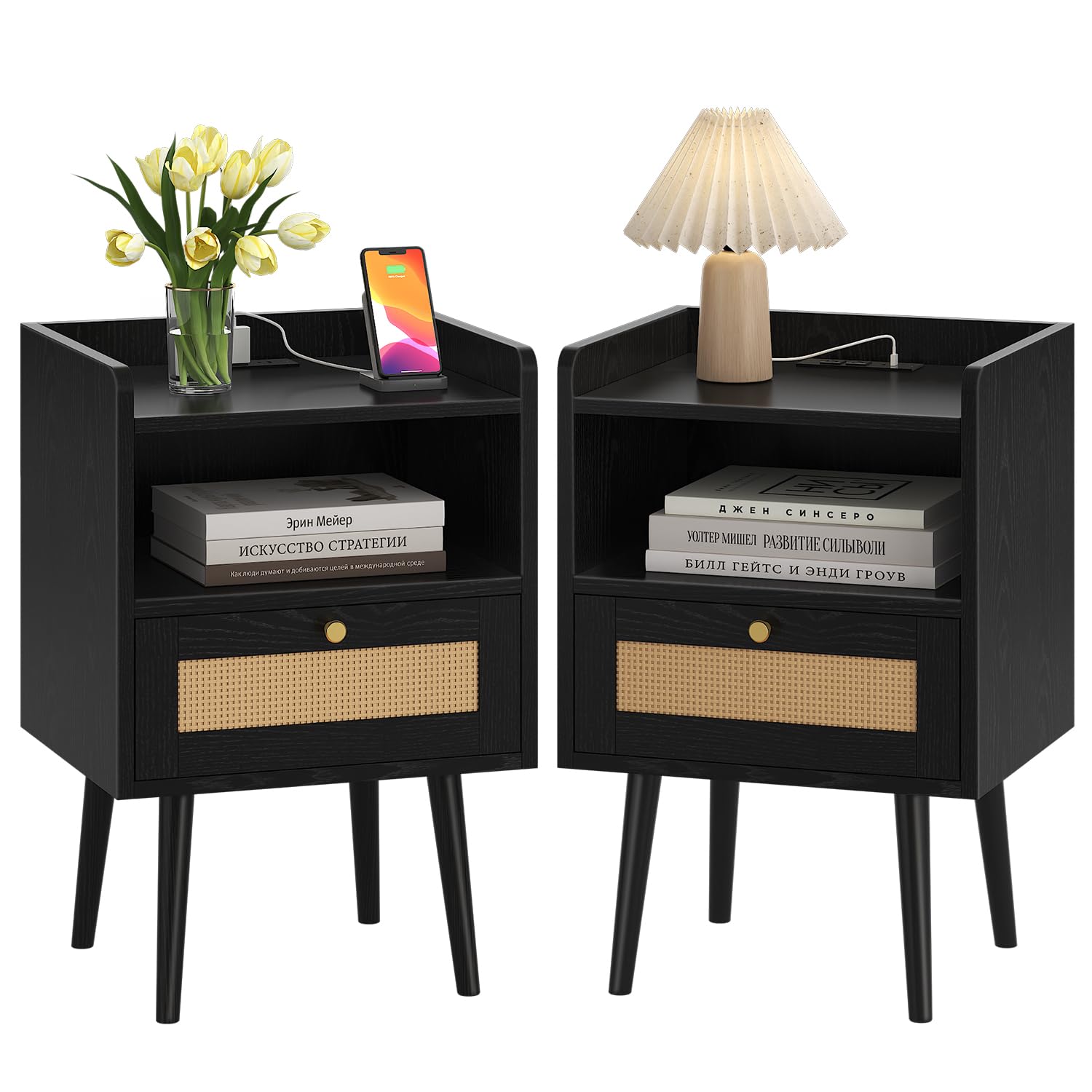 night stand set of 2, bedside tables with charging station, rattan end tables, boho bed side tables, wood nightstands set of 2 for farmhouse bedroom living room dorm sofa couch office corner (black)