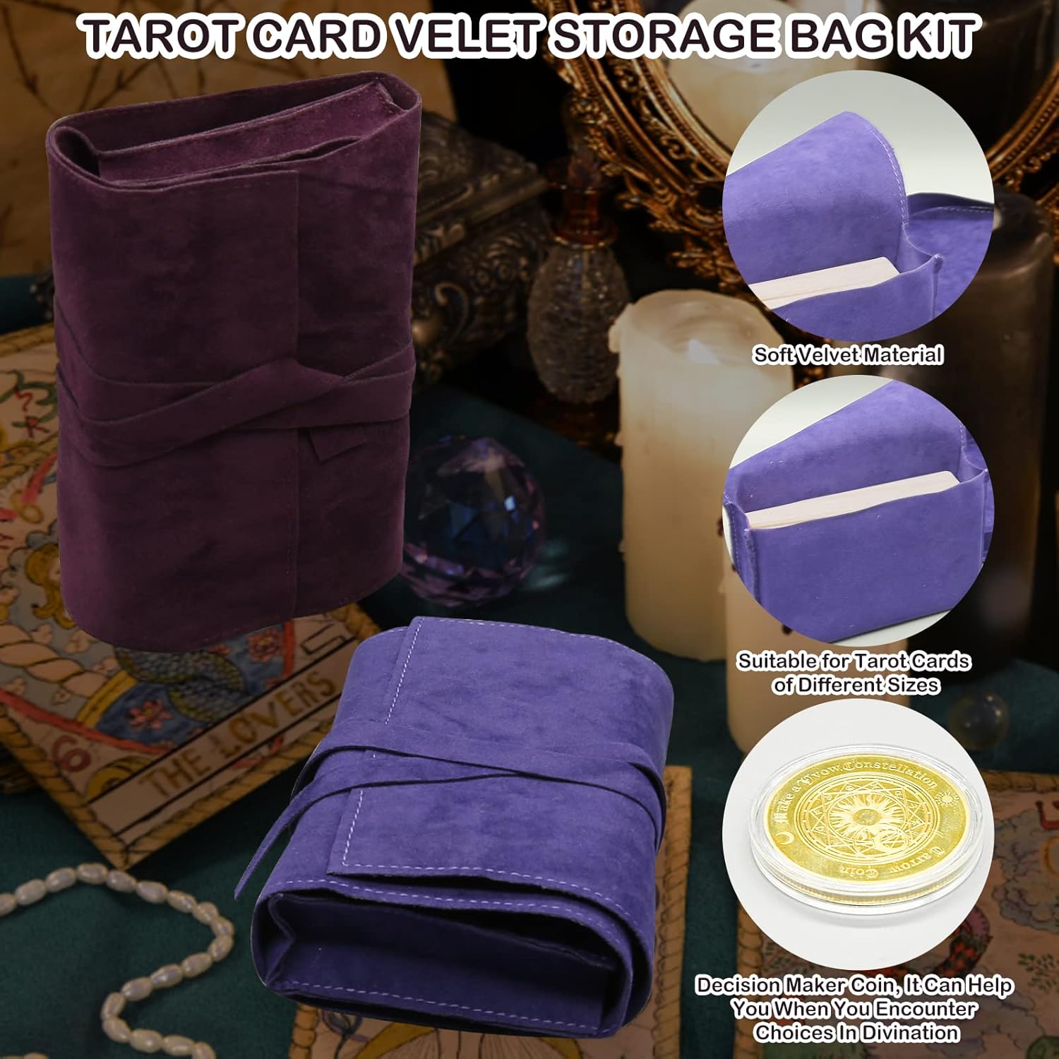 3 Pcs Tarot Card Holder Bag Kit Contains Velvet Tarot Card Storage Box Case and Decision Maker Coin, Tarot Cloth Pouches Card Holders for Playing Cards and Tarot Cards Oracle Deck, Tarot Accessories