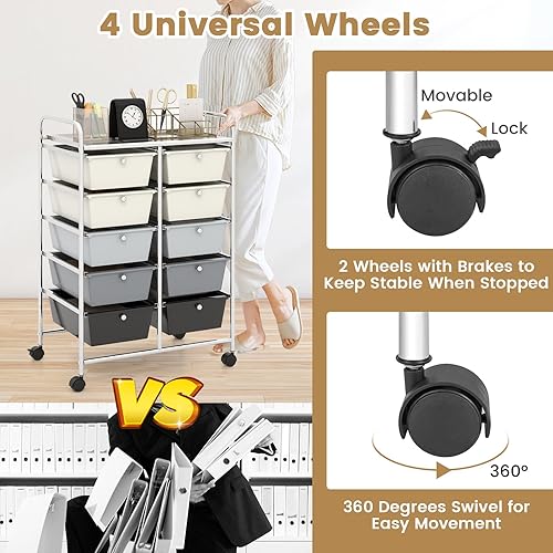 Miniatura 5 de HAPPYGRILL Carrito de almacenamiento con ruedas de 10 cajones, carrito organizador de almacenamiento con ruedas bloqueables, carrito de utilidad