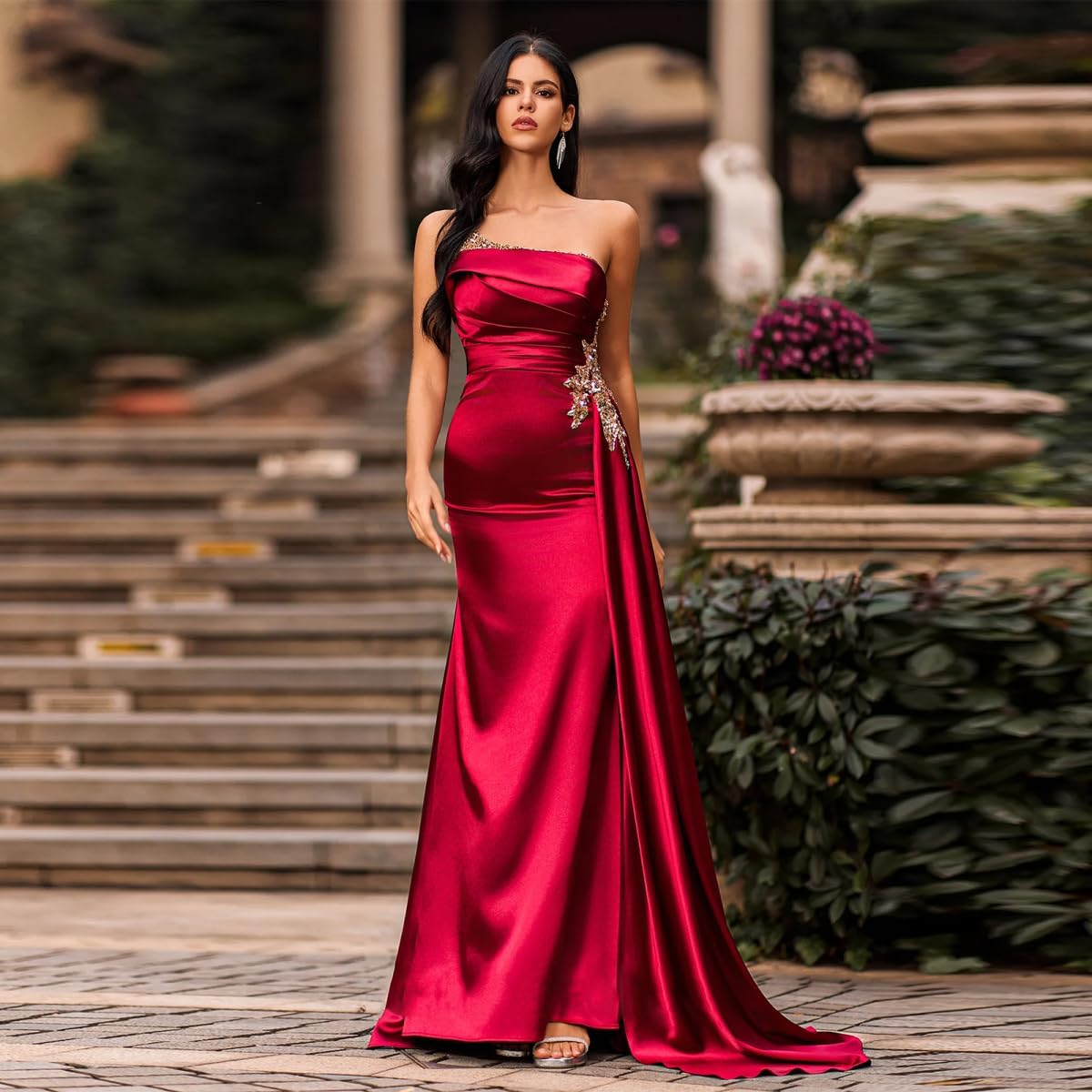 Strapless Satin Prom Dresses 2026 Sequin Mermaid Formal Evening Dress Pleated Ball Gowns