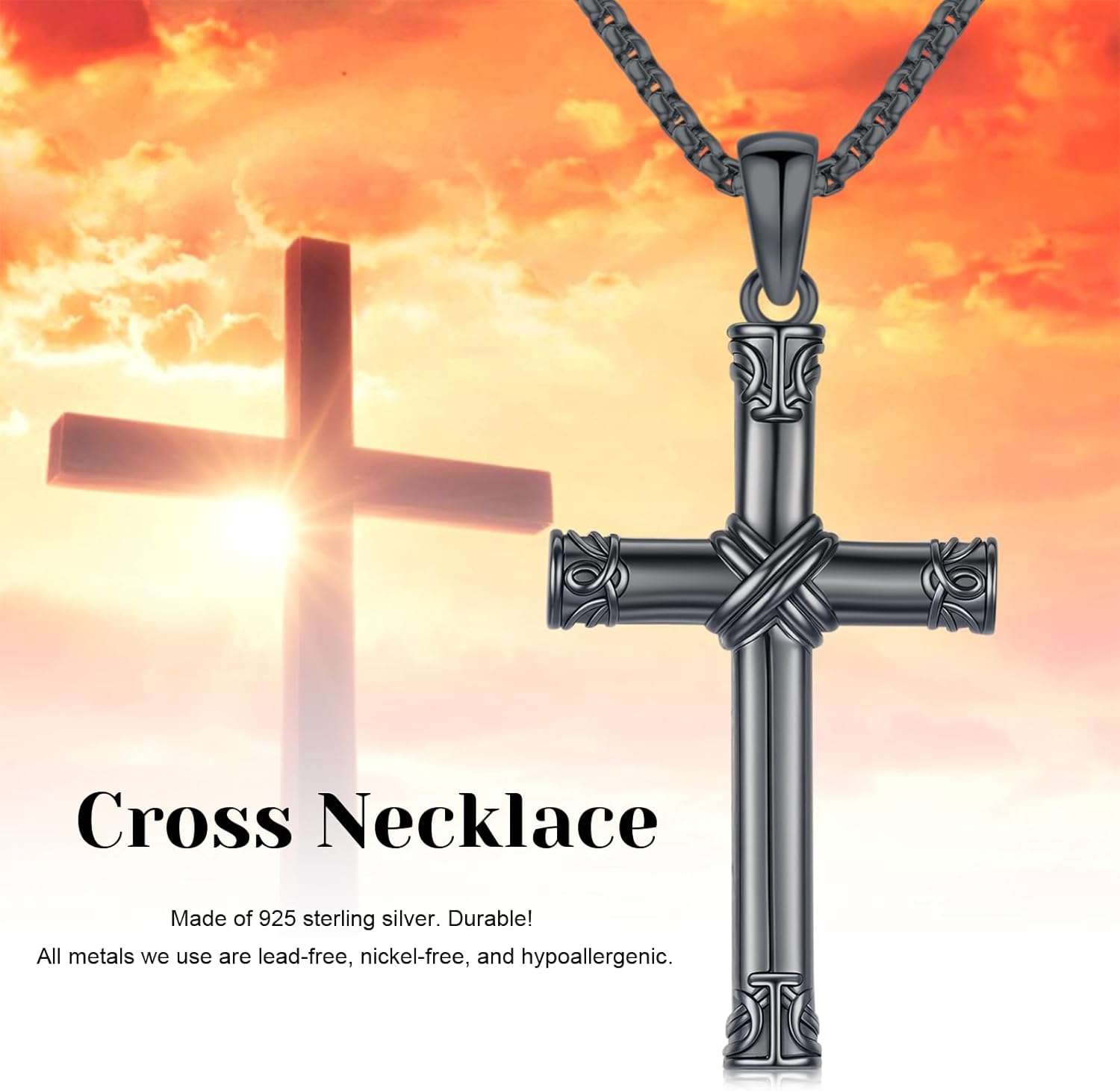 KiiKii Black Cross Necklace for Men Women 925 Sterling Silver Gothic Crucifix Pendant with 22inch Stainless Steel Christian Jewelry Gifts for Birthday Anniversary Christmas - Image 7