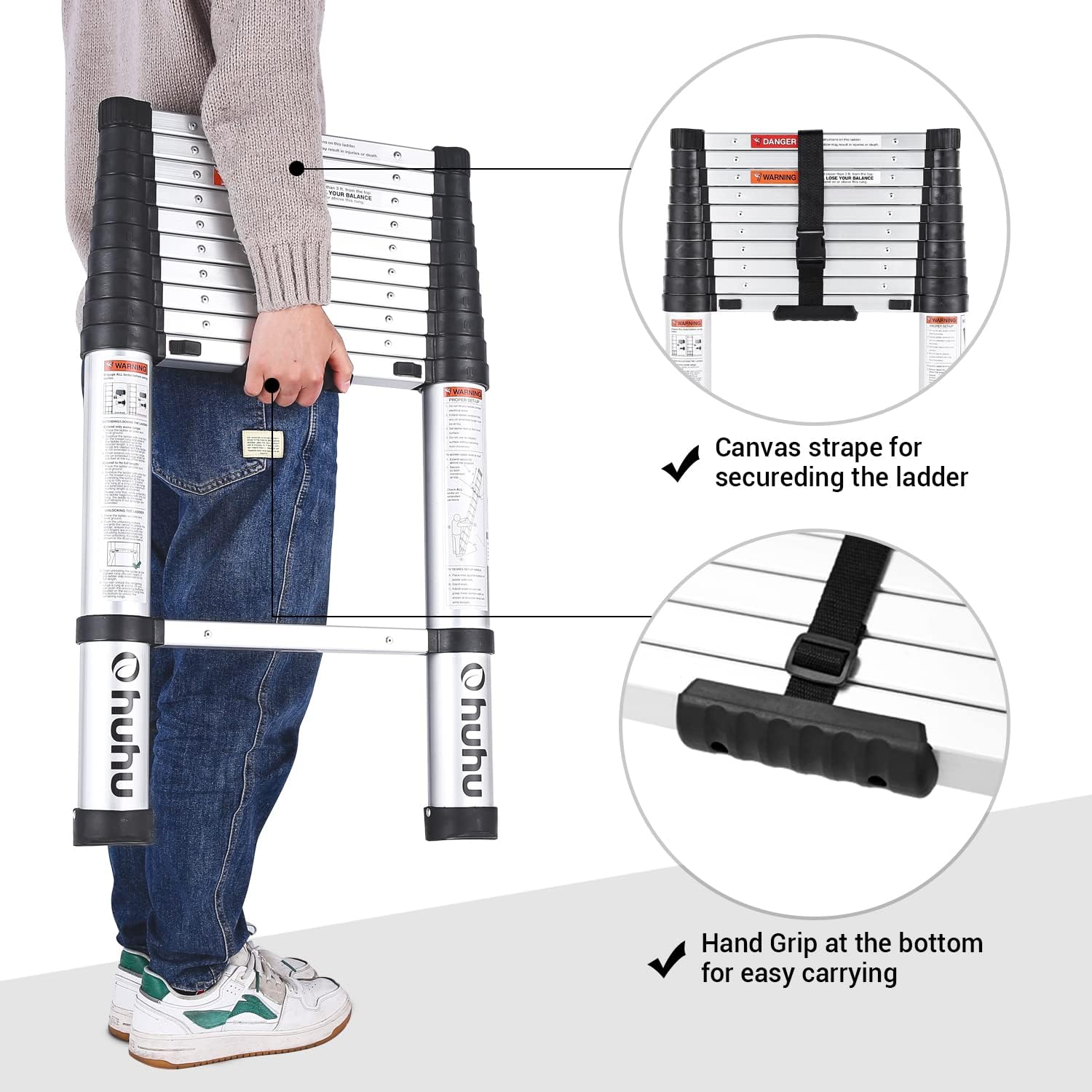 Ohuhu 10.5 FT Aluminum Telescoping Ladder, ANSI Certified One-Button Retraction Heavy Duty Extension Ladders, Collapsible Ladder with Safe Slow Restoring for Roof RV Loft House